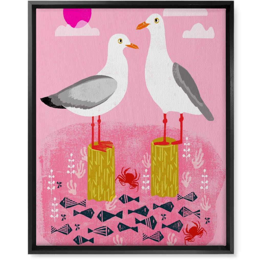 Perched Seagulls - Pink Wall Art, Black, Single piece, Canvas, 16x20, Pink, Bright Pink