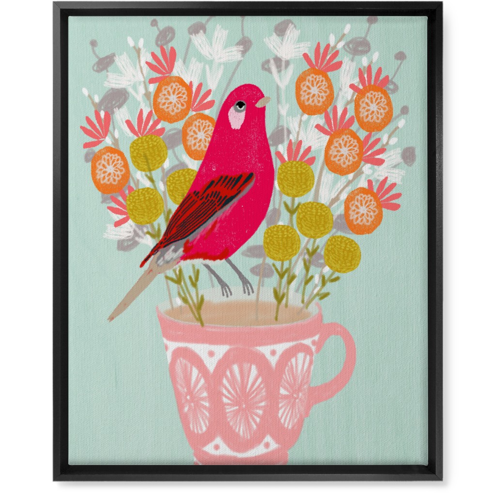 Red Bird on Teacup Bouquet Wall Art, Black, Single piece, Canvas, 16x20, Multicolor