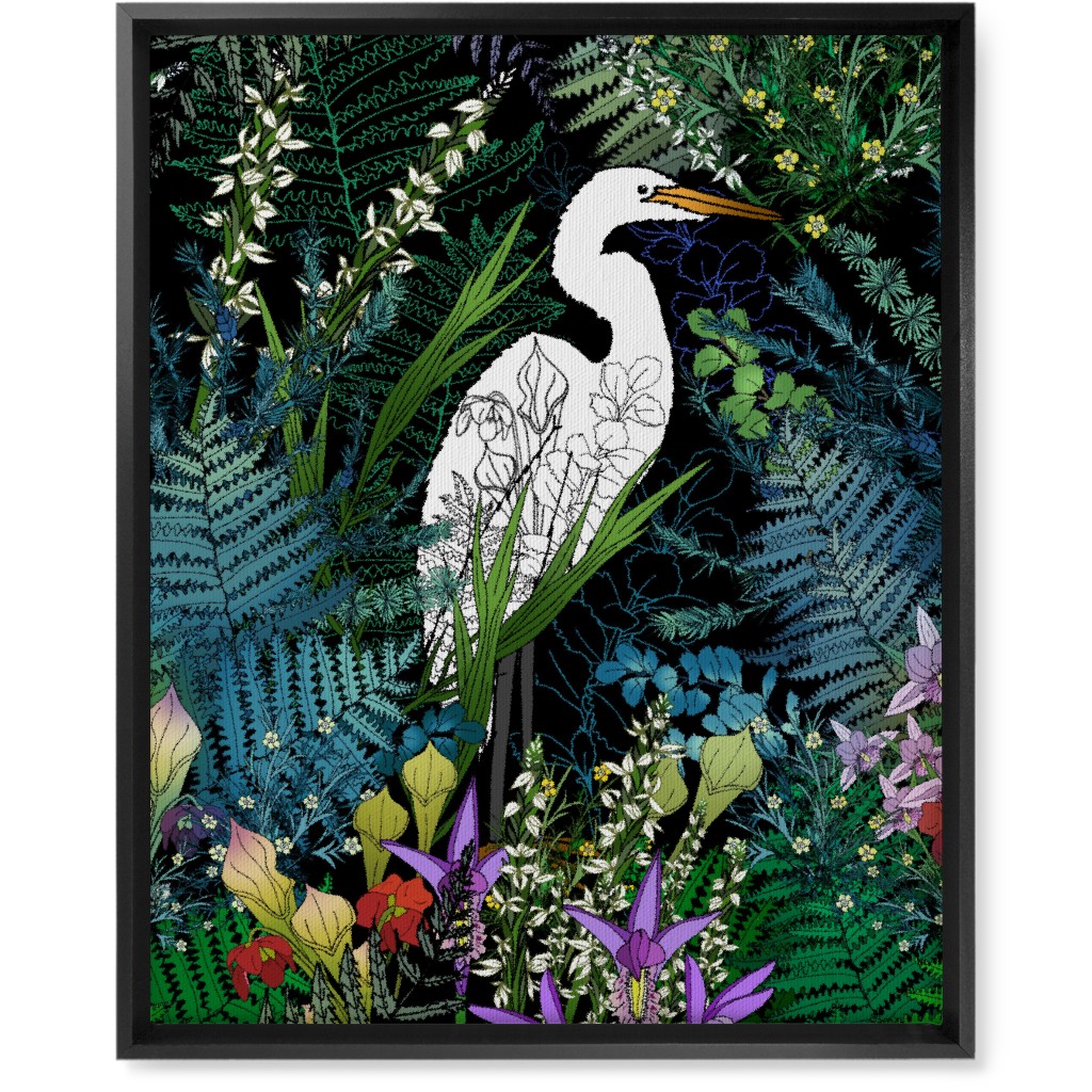 Egret in an Evening Water Garden - Multi Wall Art, Black, Single piece, Canvas, 16x20, Multicolor
