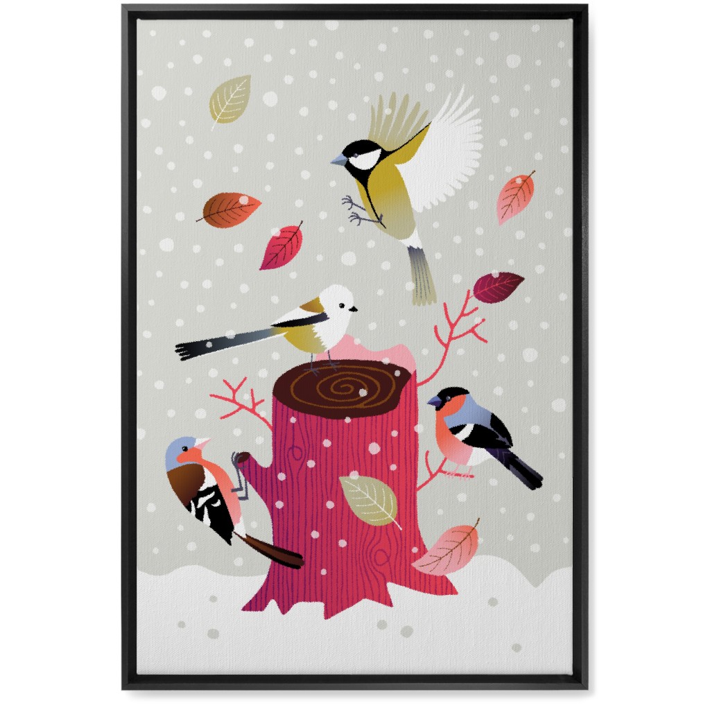 Winter Birds on Tree Stump - Red & Gray Wall Art, Black, Single piece, Canvas, 20x30, Multicolor
