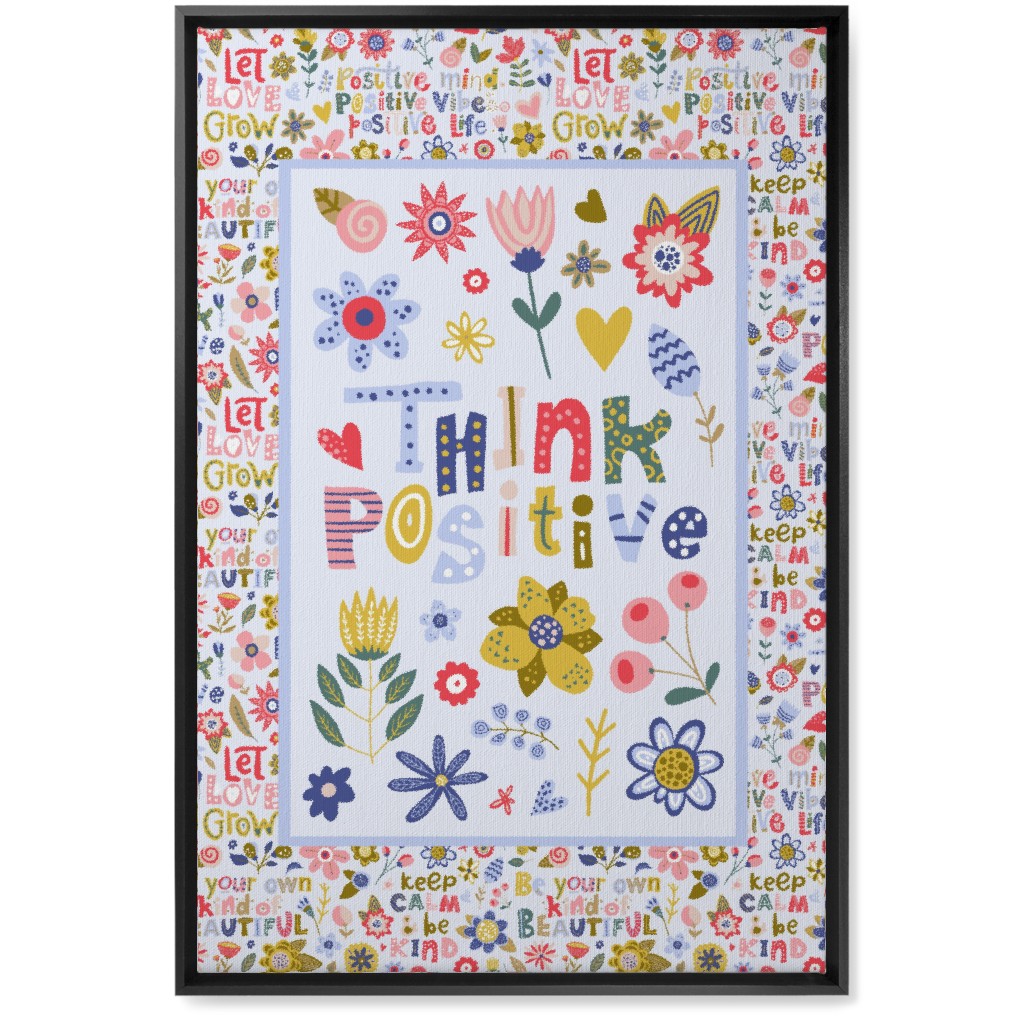Think Positive Inspirational Floral Wall Art, Black, Single piece, Canvas, 20x30, Multicolor
