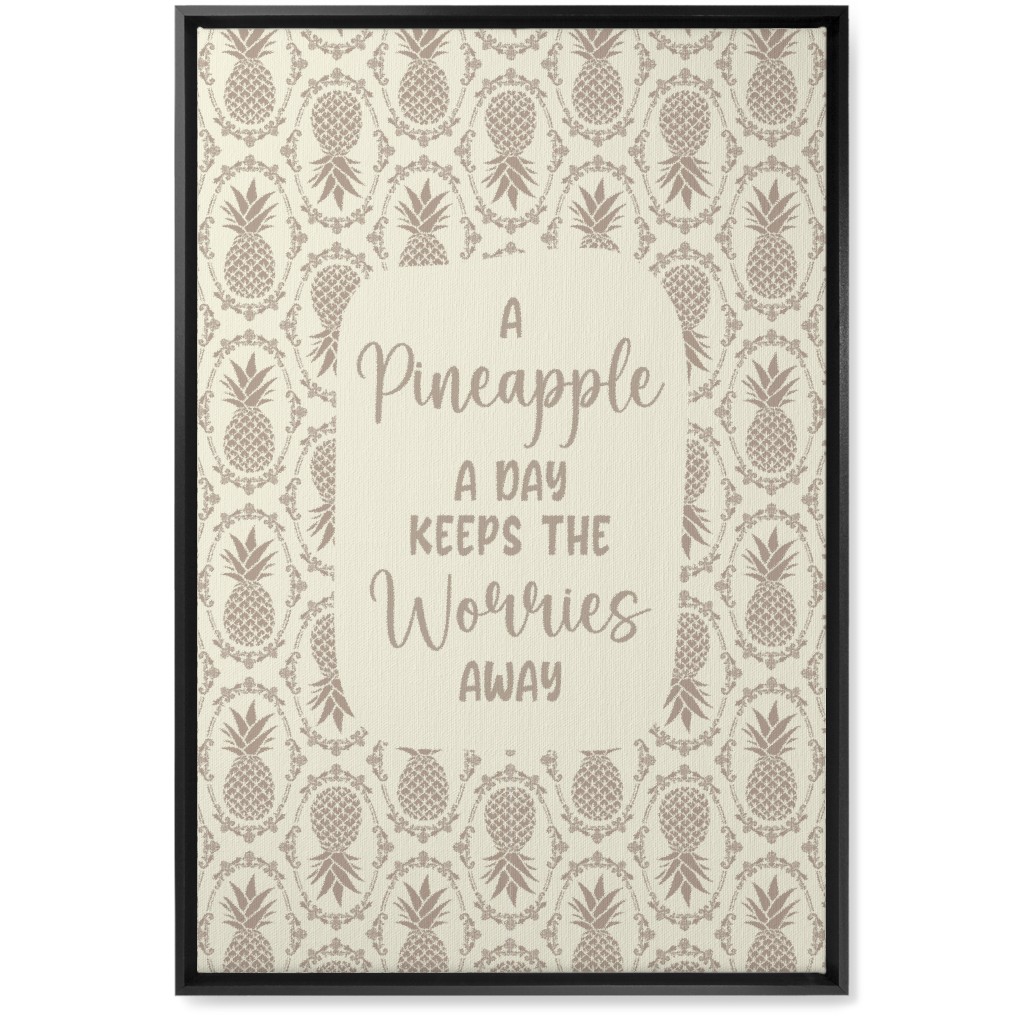 a Pineapple a Day Keeps the Worries Away Damask Wall Art, Black, Single piece, Canvas, 20x30, Beige, Ash