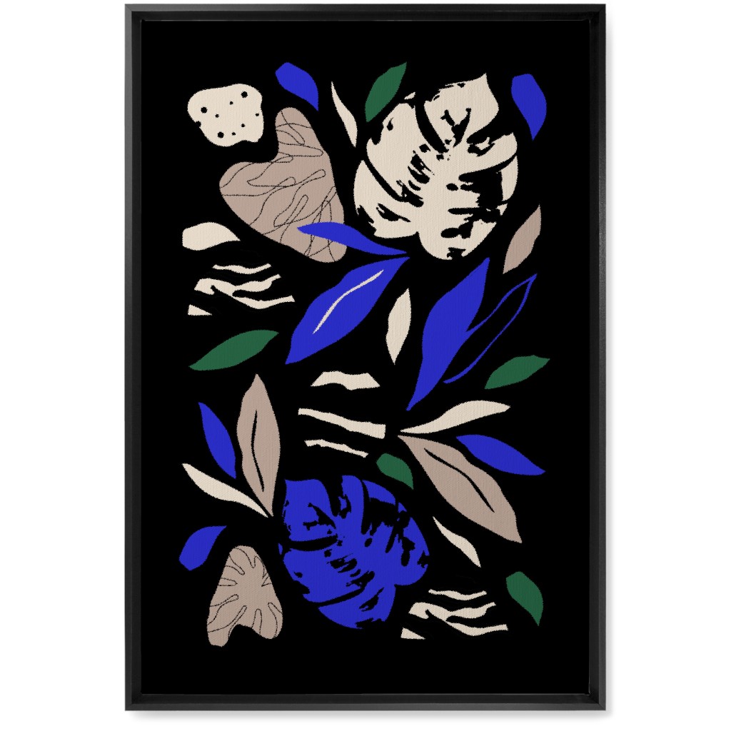Abstract Leaves - Blue & Tan on Navy Wall Art, Black, Single piece, Canvas, 20x30, Blue