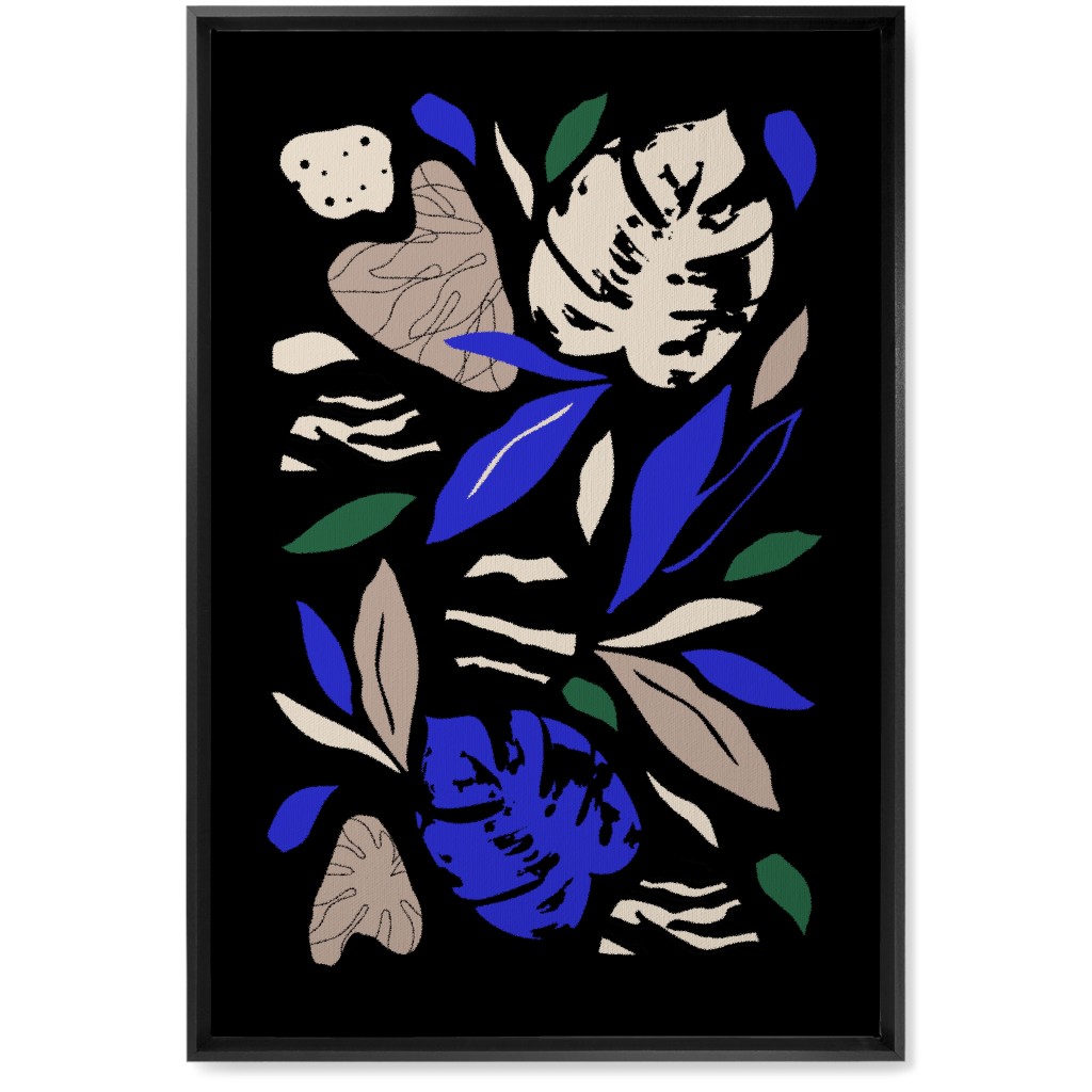 Abstract Leaves - Blue & Tan on Navy Wall Art, Black, Single piece, Canvas, 20x30, Blue, True Blue