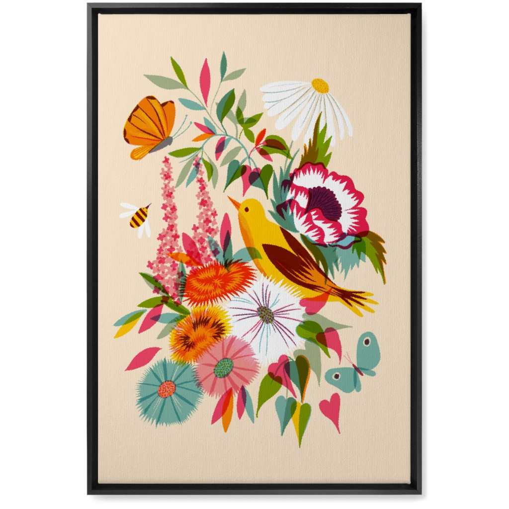 Florals With Pirol and Butterfly - Multi Wall Art, Black, Single piece, Canvas, 20x30, Multicolor