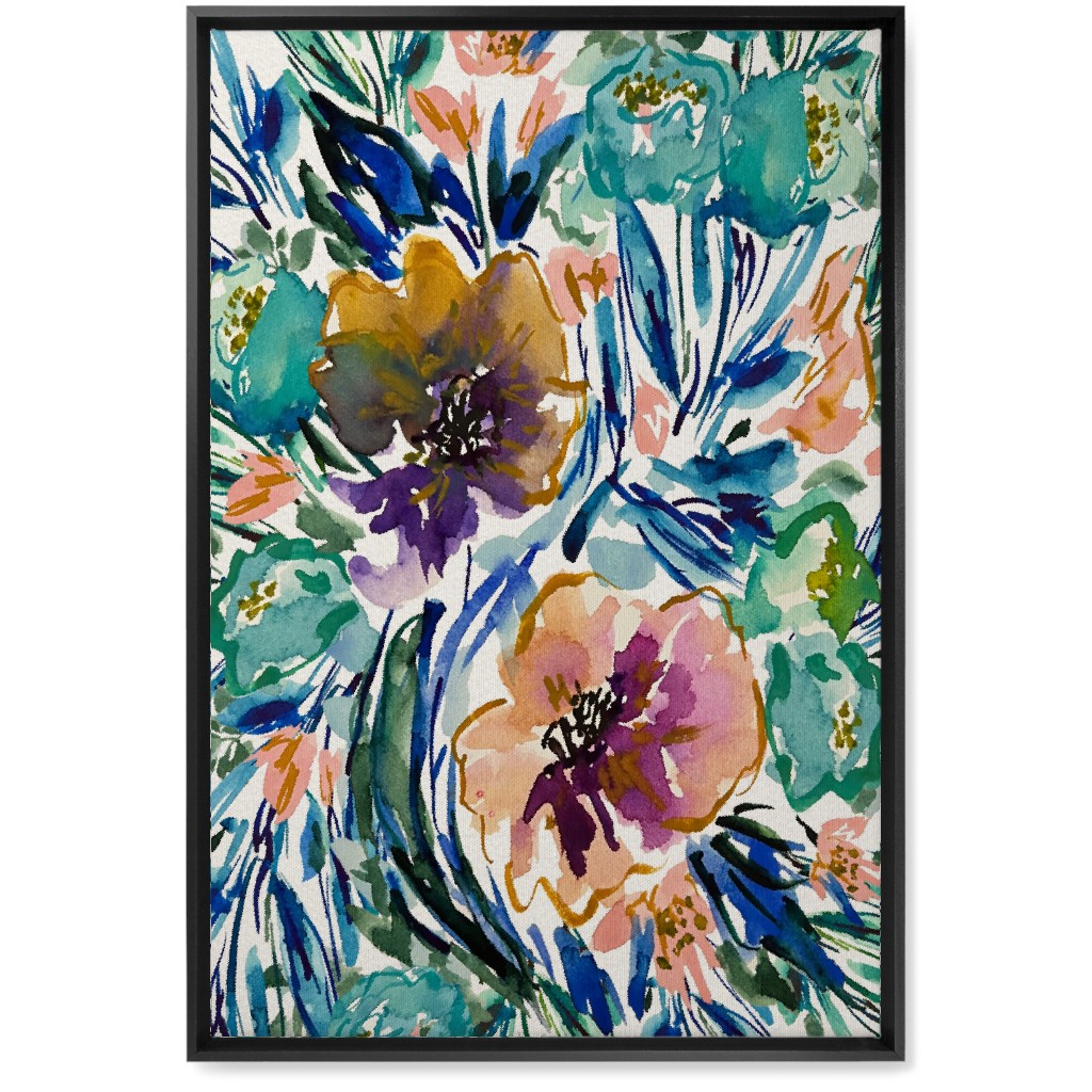 Purple and Blue Florals - Multi Wall Art, Black, Single piece, Canvas, 20x30, Multicolor