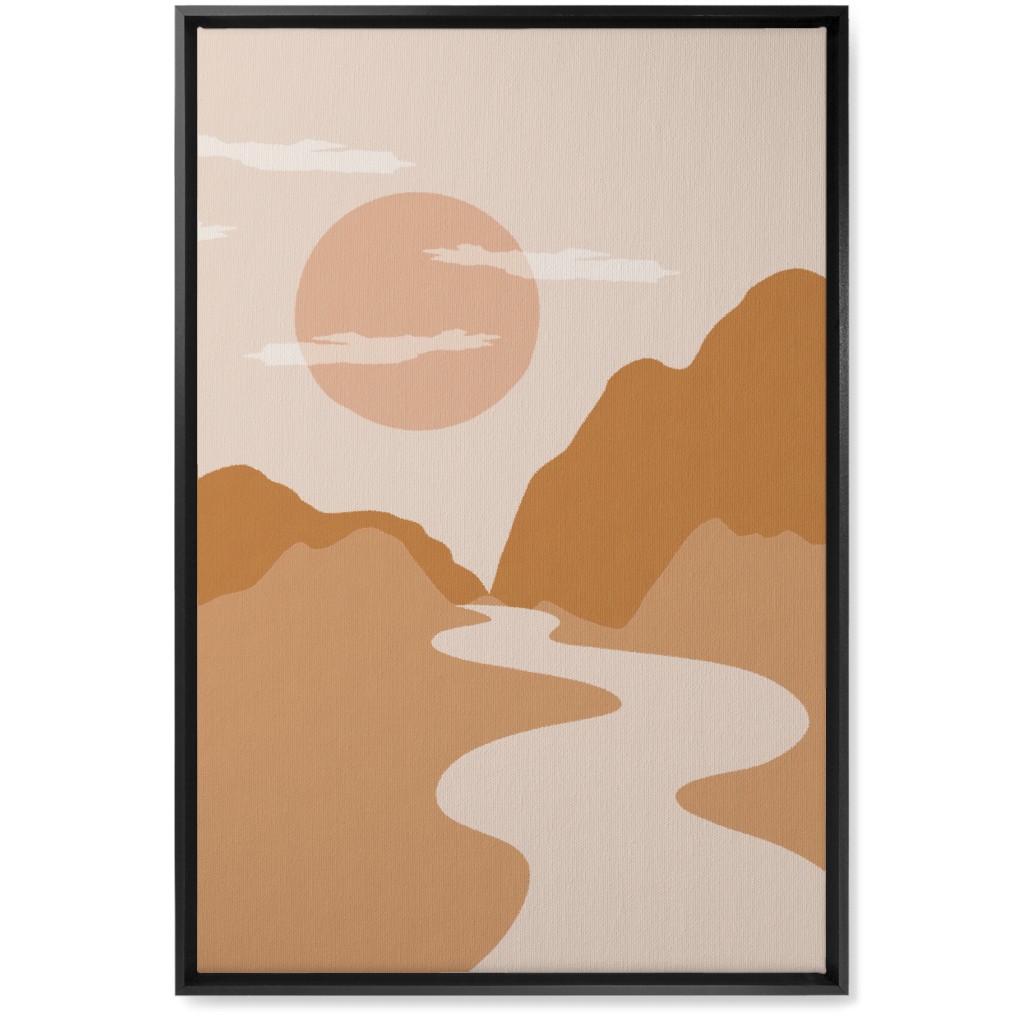 Abstract Mountain River Landscape - Neutral Wall Art, Black, Single piece, Canvas, 20x30, Orange