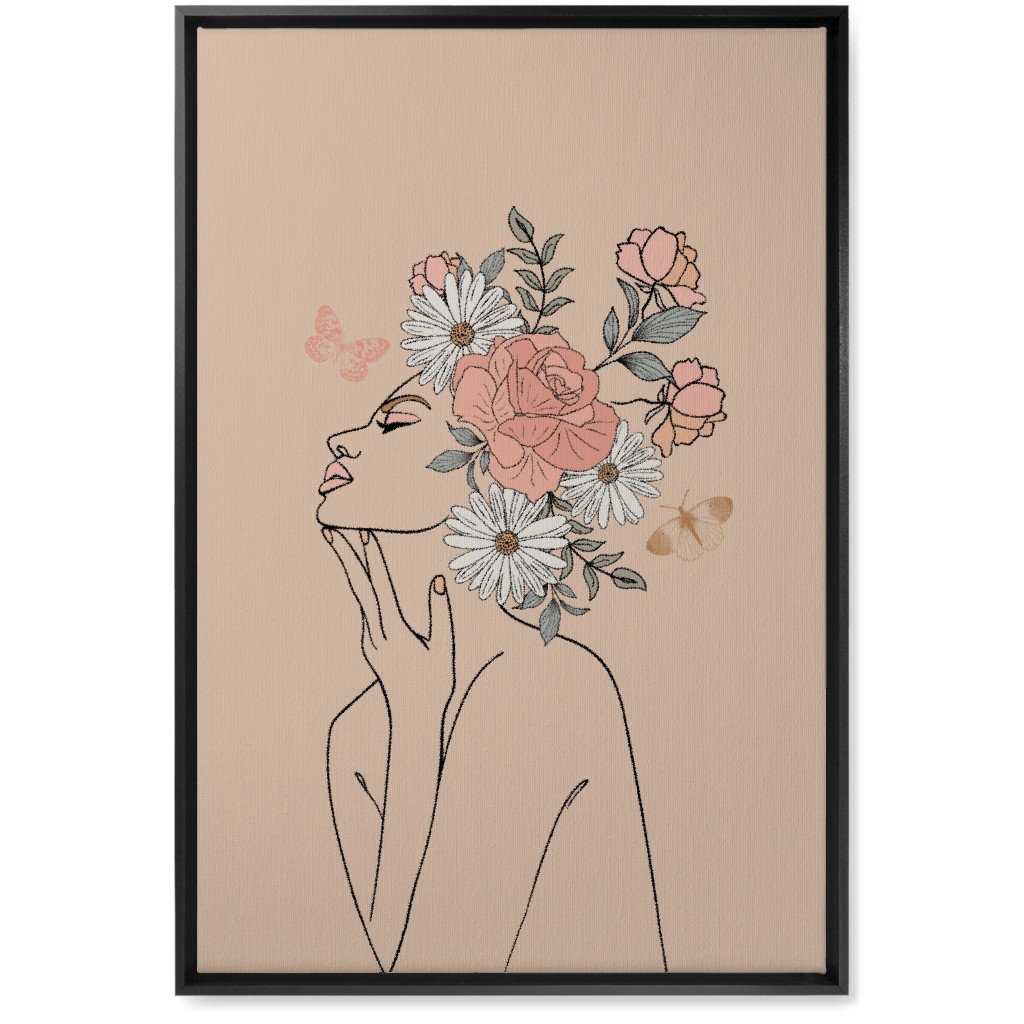 Feminine Line Art Botanical Sketch - Neutral Wall Art, Black, Single piece, Canvas, 20x30, Beige