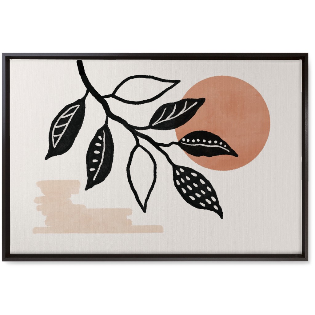 Sunset and Leaves Wall Art, Black, Single piece, Canvas, 20x30, Beige, Tan
