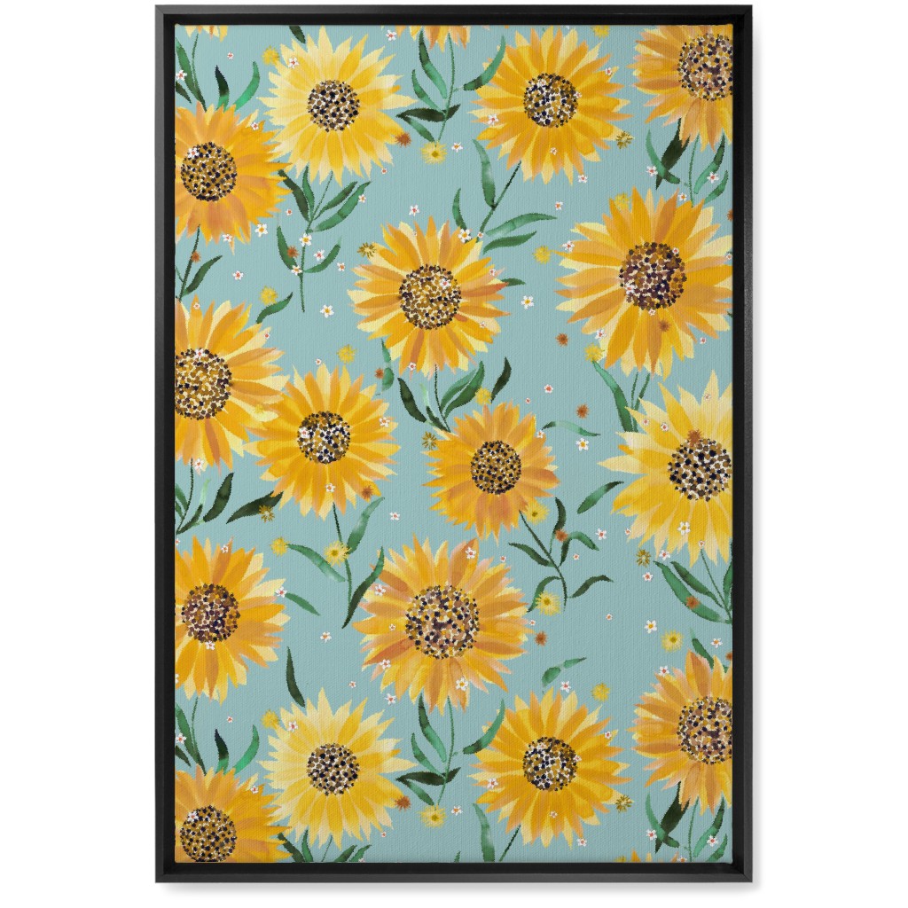 Happy Sunflowers - Yellow on Green Wall Art, Black, Single piece, Canvas, 20x30, Yellow