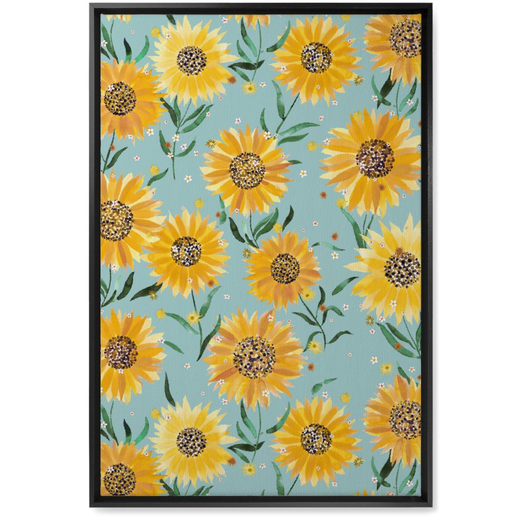 Happy Sunflowers - Yellow on Green Wall Art, Black, Single piece, Canvas, 20x30, Yellow, Classic Yellow