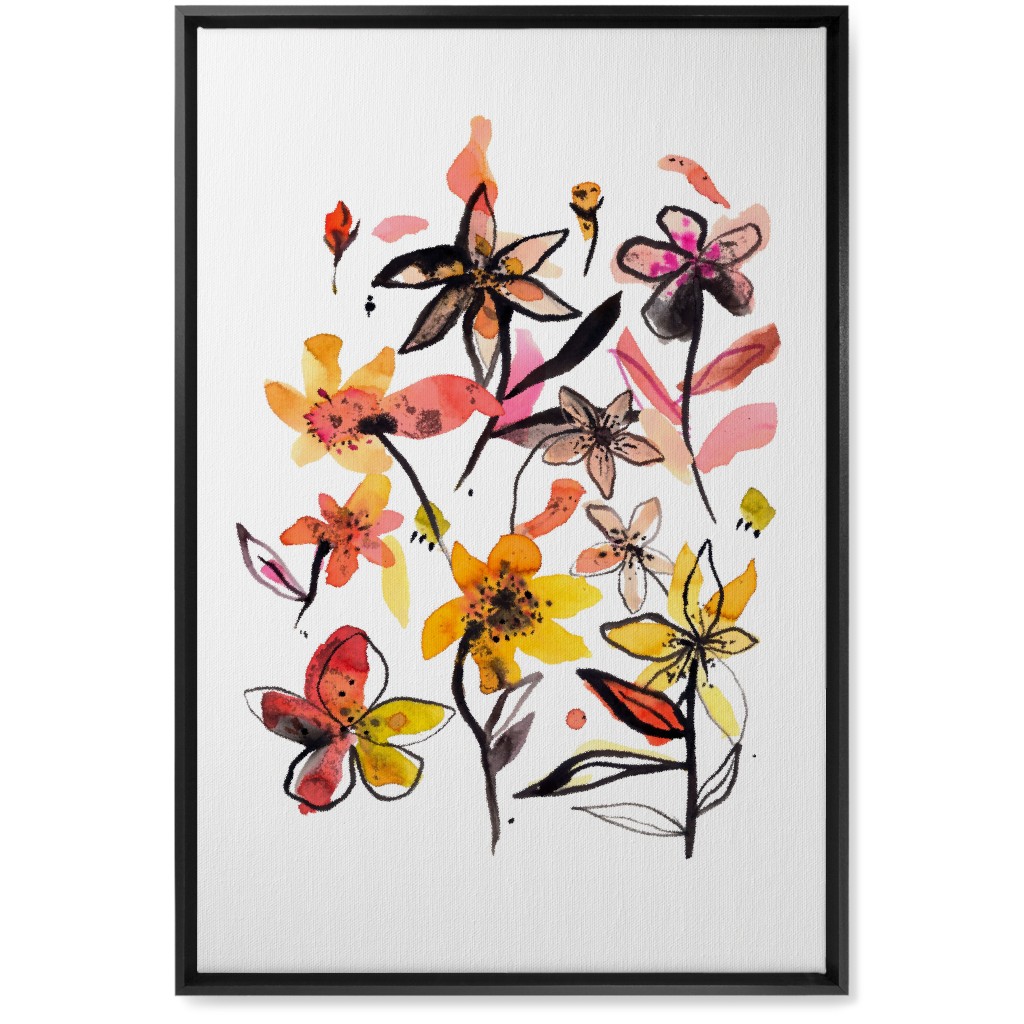 Ink Summer Floral - Pink and Yellow Wall Art, Black, Single piece, Canvas, 20x30, Pink, Bright Pink