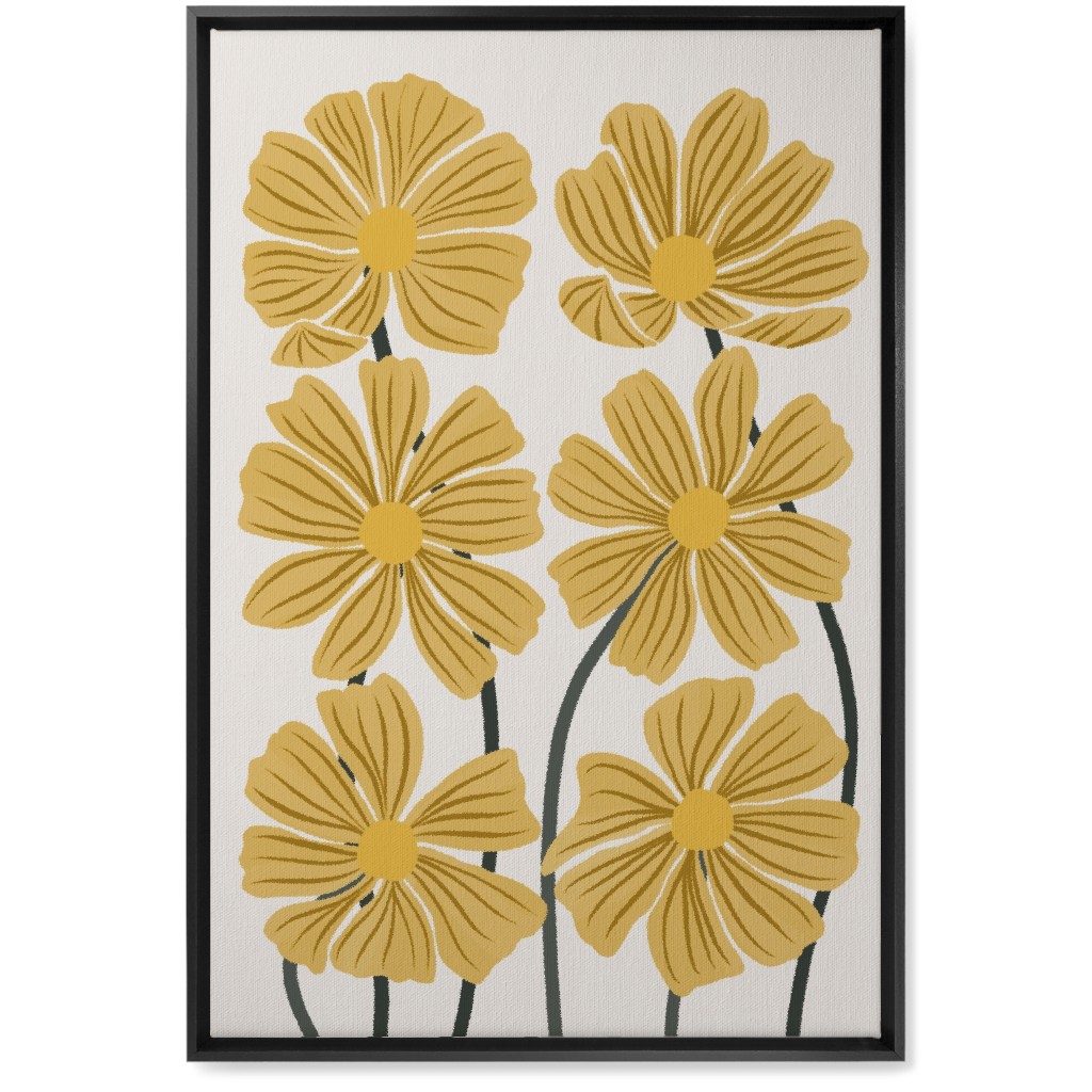 Botanical Cosmos Flowers Wall Art, Black, Single piece, Canvas, 20x30, Yellow, Golden