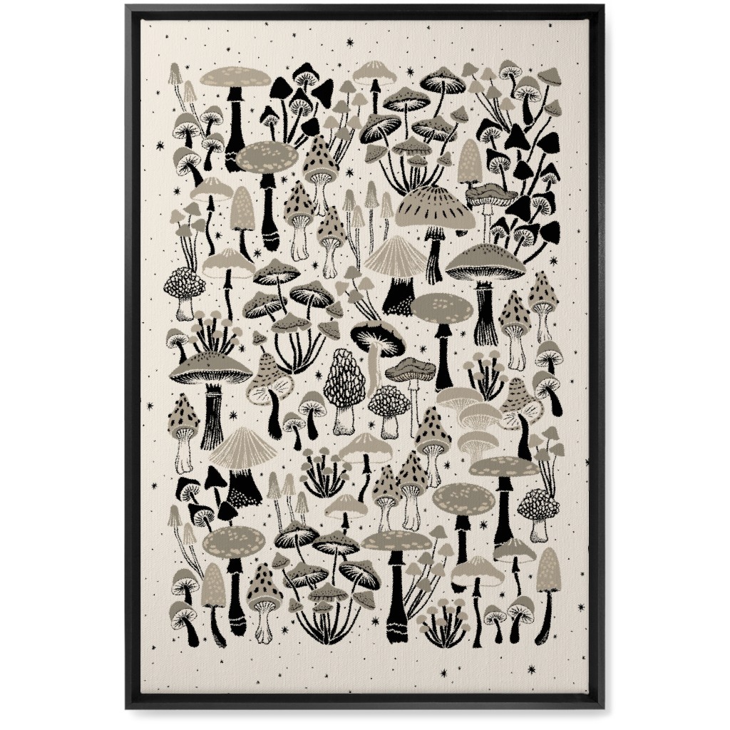 Mushrooms and Stars Wall Art, Black, Single piece, Canvas, 20x30, Beige, Pebble