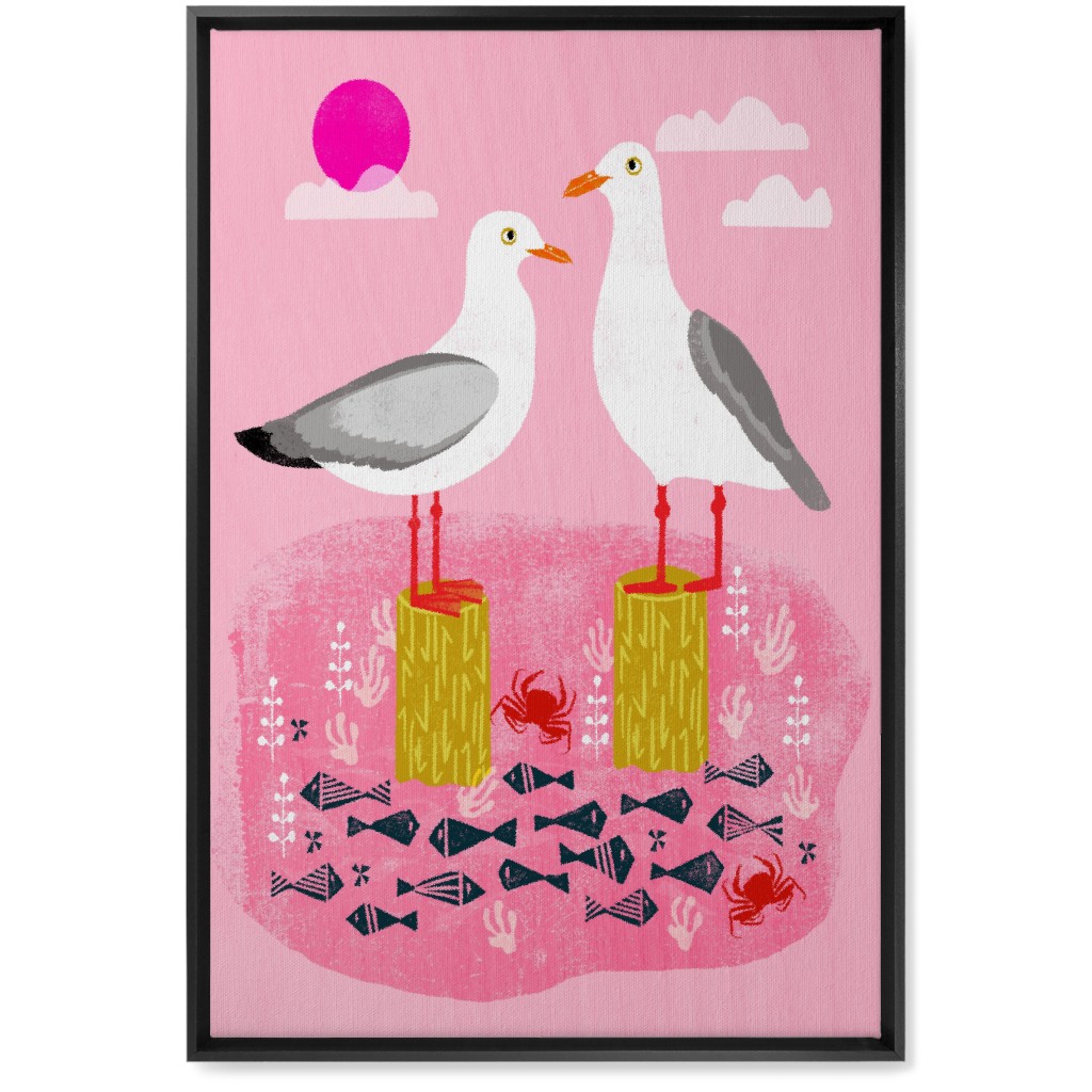 Perched Seagulls - Pink Wall Art, Black, Single piece, Canvas, 20x30, Pink