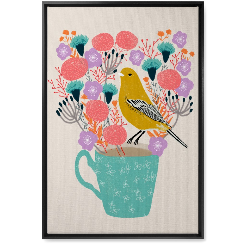 Yellow Bird on Teacup Bouquet Wall Art, Black, Single piece, Canvas, 20x30, Multicolor