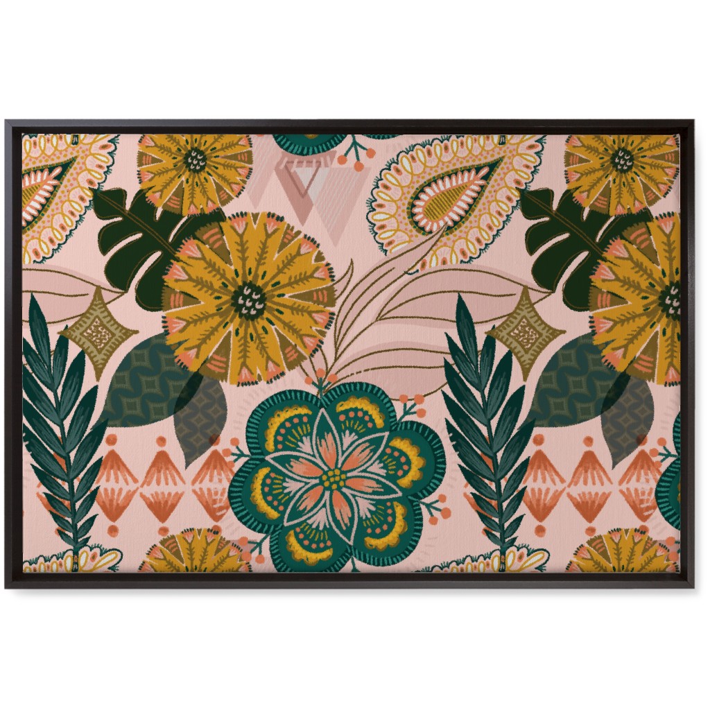 Boho Tropical - Floral - Pink Wall Art, Black, Single piece, Canvas, 20x30, Multicolor
