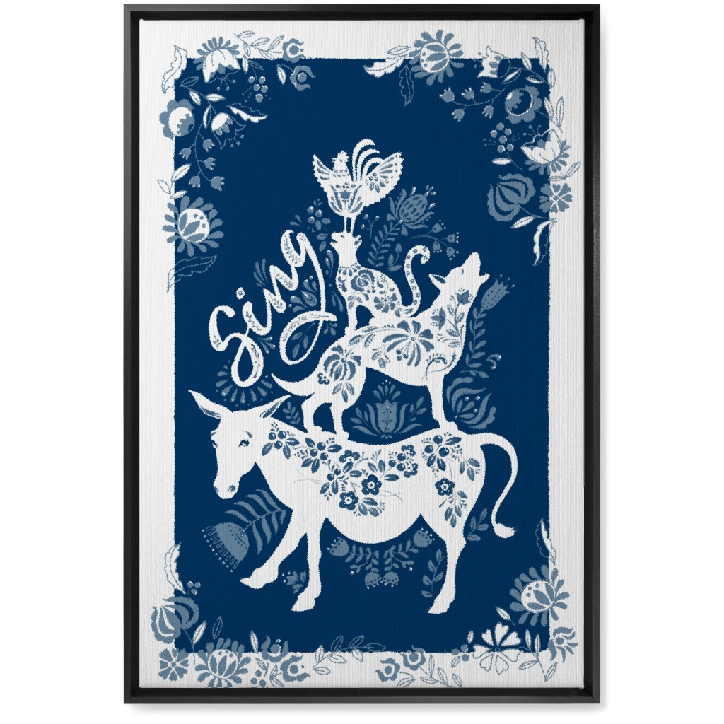 Musicians of Bremen Folkart - Blue Wall Art, Black, Single piece, Canvas, 20x30, Blue