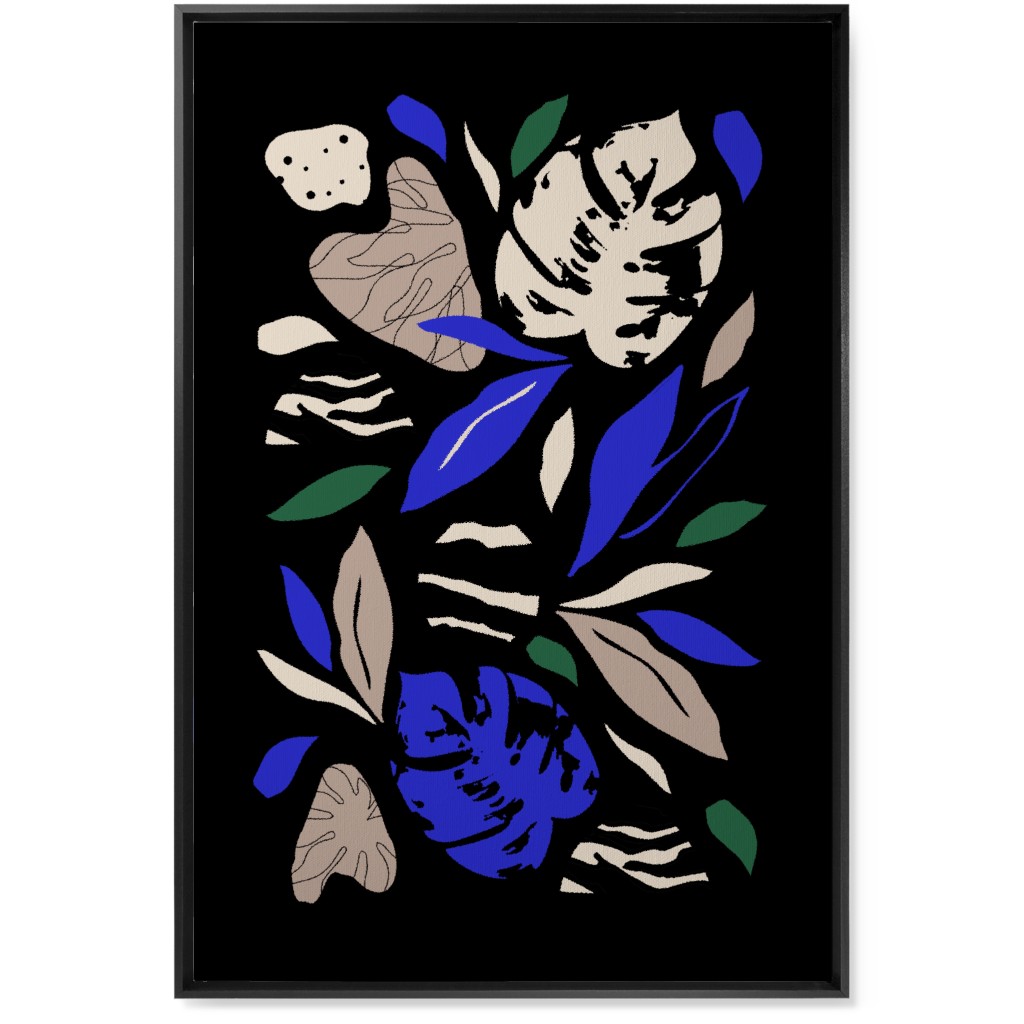 Abstract Leaves - Blue & Tan on Navy Wall Art, Black, Single piece, Canvas, 24x36, Blue, True Blue
