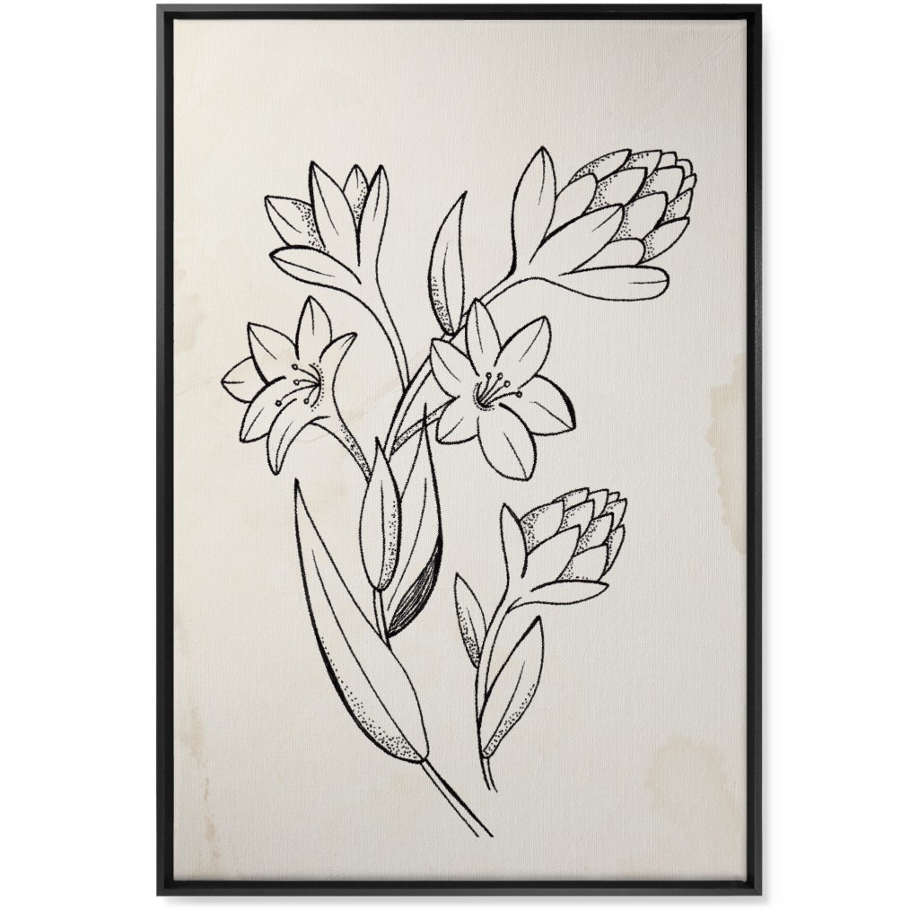 Vintage Tuberose Sketch - Beige and Black Wall Art, Black, Single piece, Canvas, 24x36, Beige, Pearl