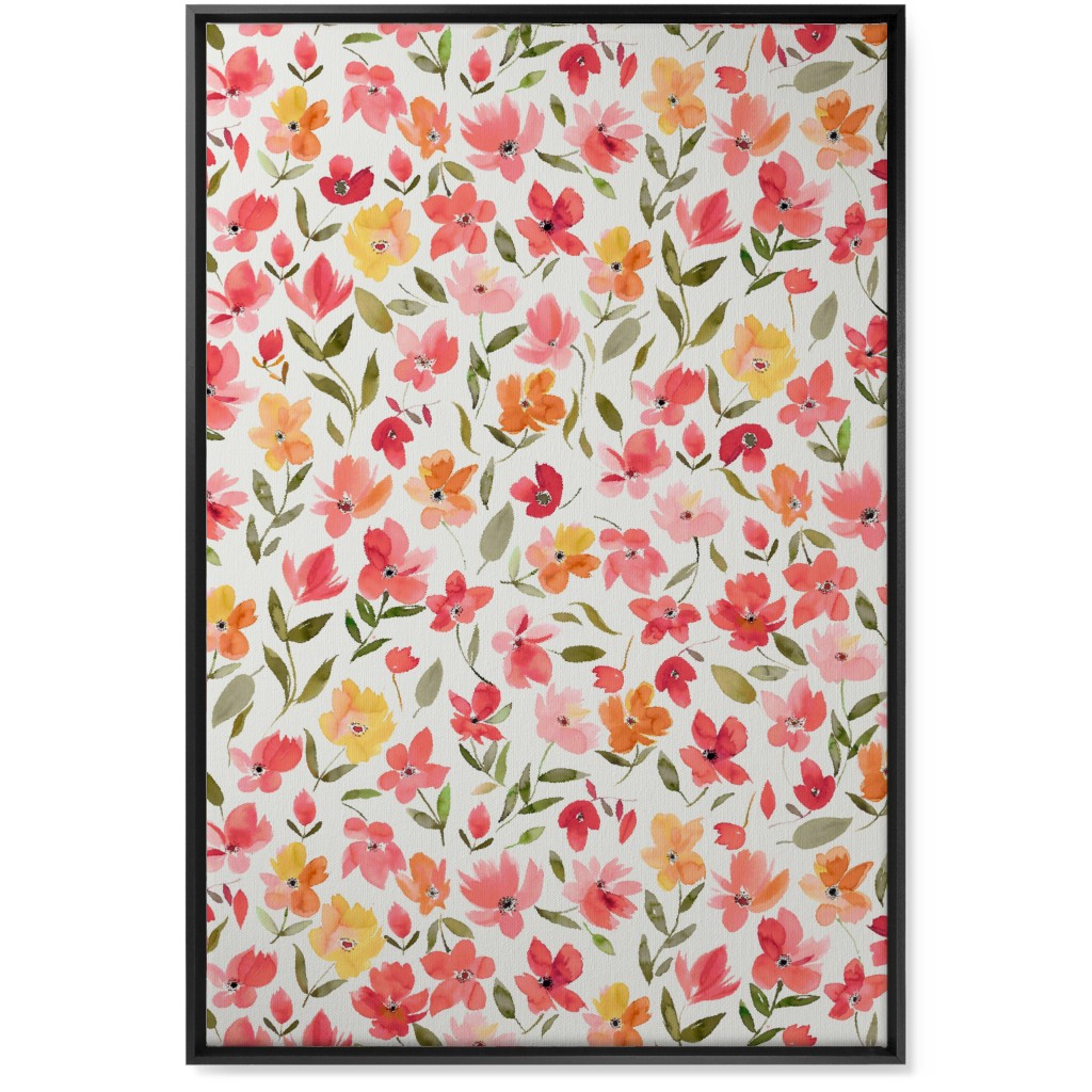 Fresh Flowers Watercolor - Pink and Yellow Wall Art, Black, Single piece, Canvas, 24x36, Pink