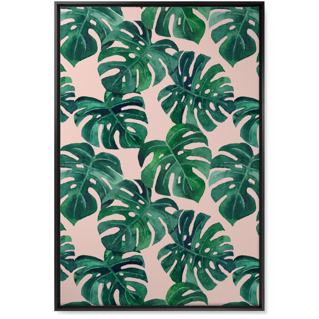Watercolor Monstera Leaves Wall Art, Black, Single piece, Canvas, 24x36, Green, Pearl