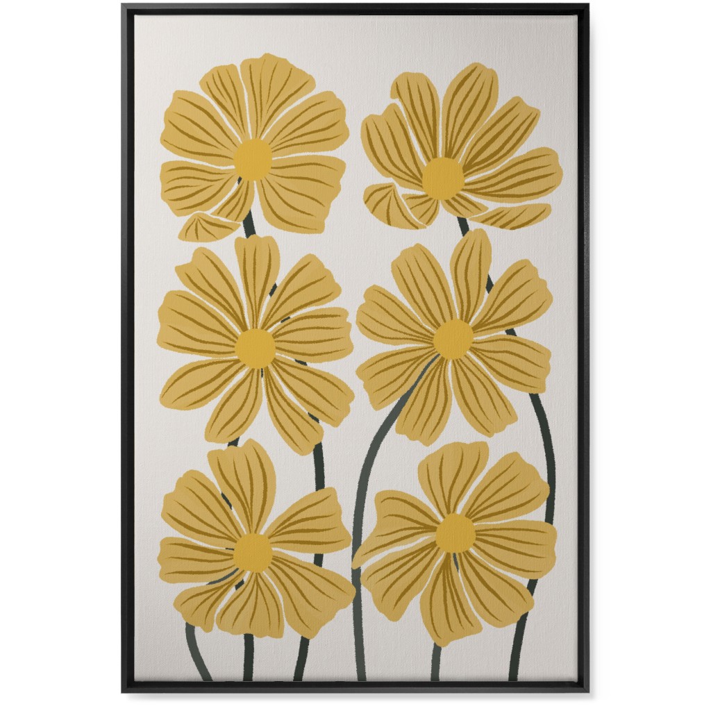 Botanical Cosmos Flowers Wall Art, Black, Single piece, Canvas, 24x36, Yellow, Golden