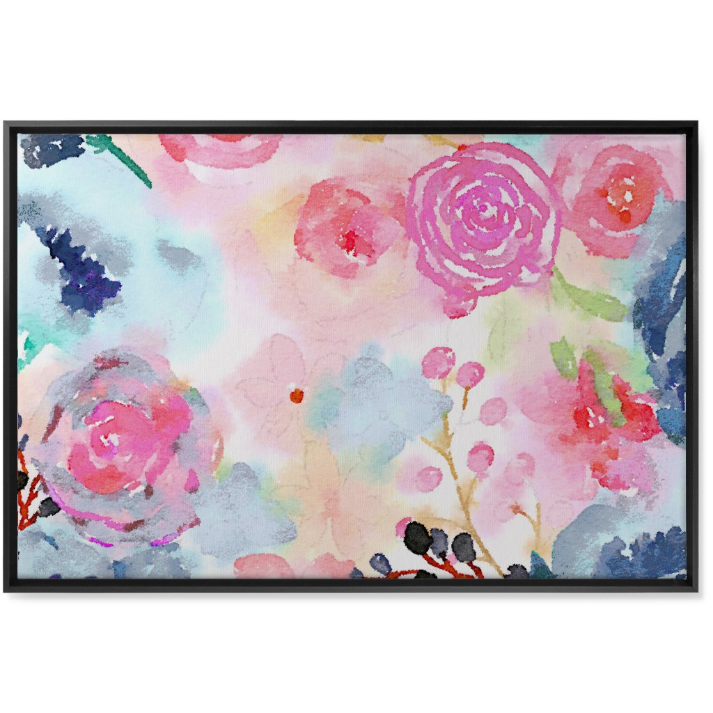 Spring Dreams - Watercolor Floral - Multi Wall Art, Black, Single piece, Canvas, 24x36, Multicolor