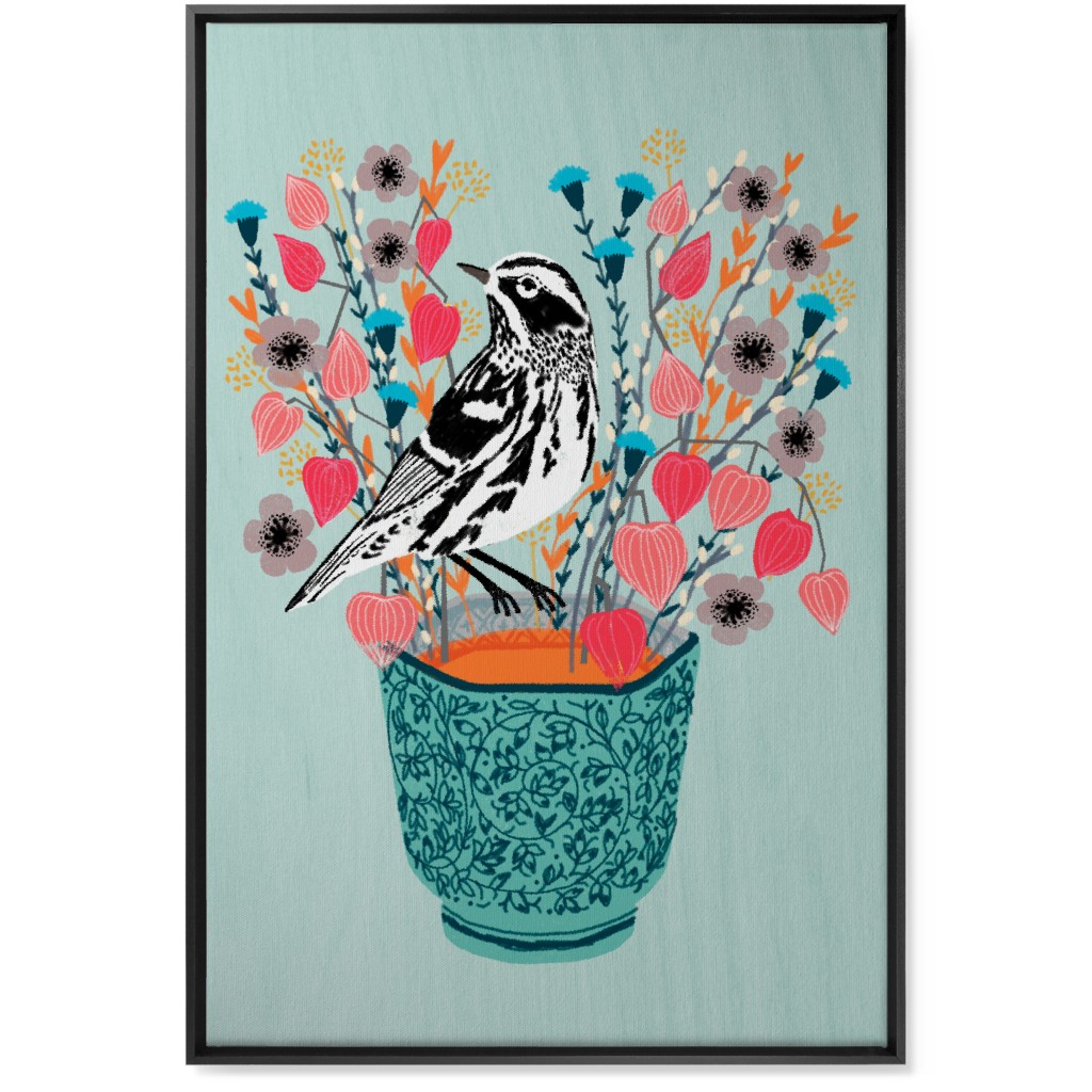 Warbler Bird - Black & White on Blue Flower Pot Wall Art, Black, Single piece, Canvas, 24x36, Multicolor