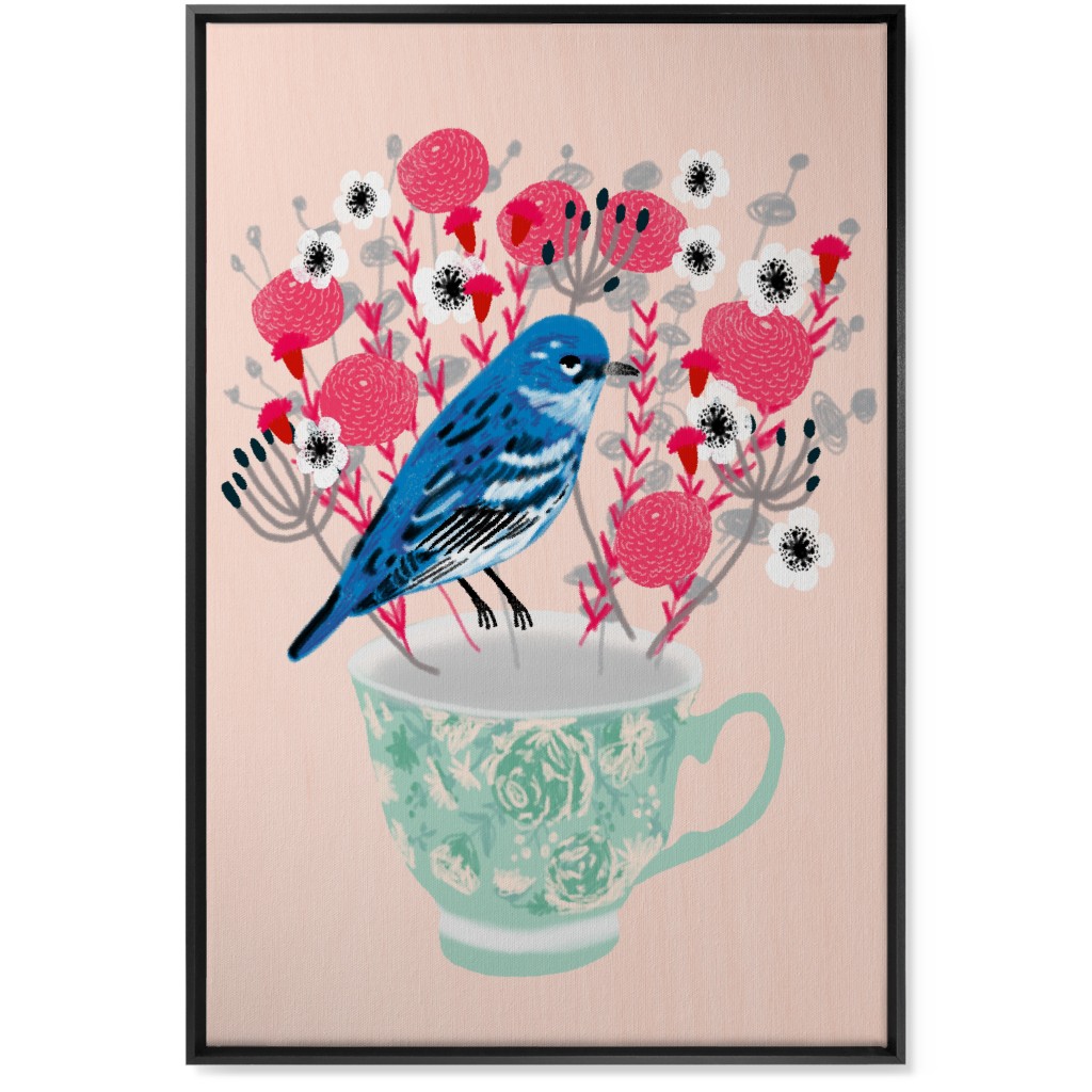 Blue Bird on Teacup Bouquet Wall Art, Black, Single piece, Canvas, 24x36, Multicolor