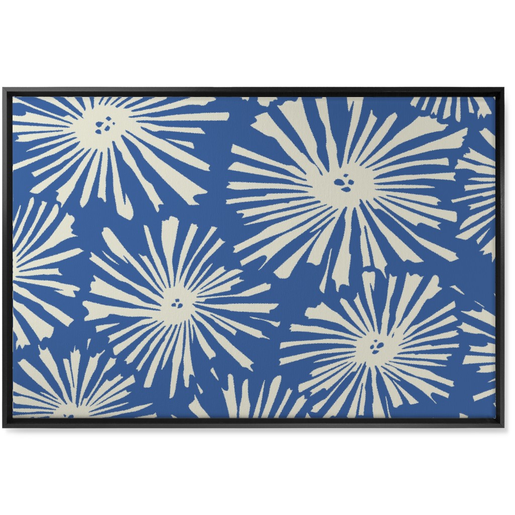 Cactus Blooms - Cream on Blue Wall Art, Black, Single piece, Canvas, 24x36, Blue, True Blue