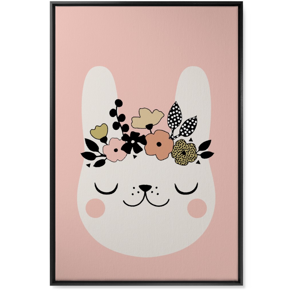 Floral Bunny - Pink Wall Art, Black, Single piece, Canvas, 24x36, Pink