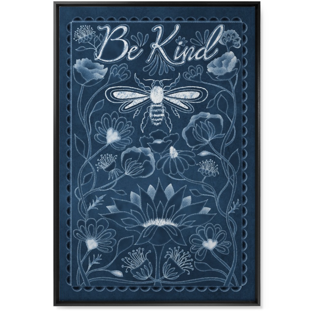 Be Kind Floral Wall Art, Black, Single piece, Canvas, 24x36, Blue