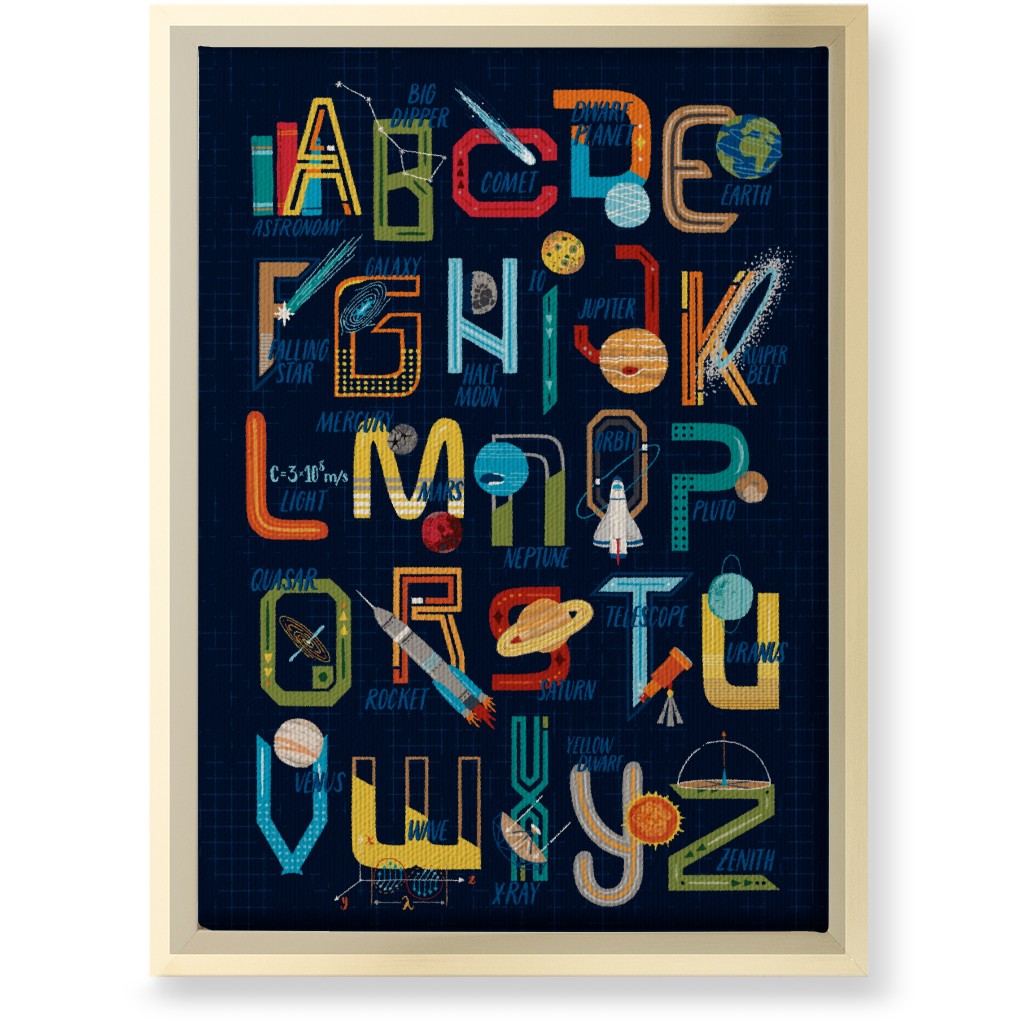 Outer Space Alphabet - Rocket, Planets, Science, Astronomy & Stem Wall Art, Gold, Single piece, Canvas, 10x14, Multicolor