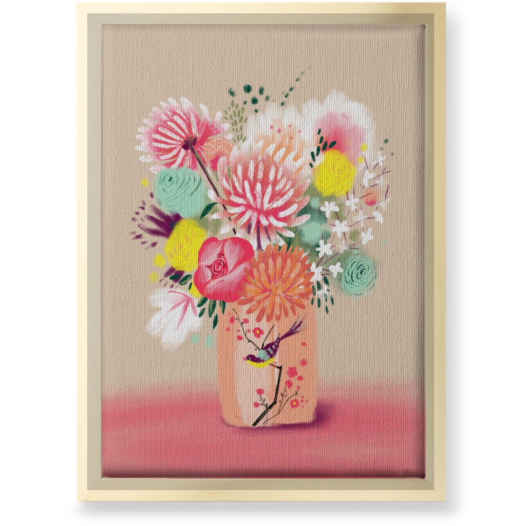 Bouquet in a Bird Vase Wall Art, Gold, Single piece, Canvas, 10x14, Pink