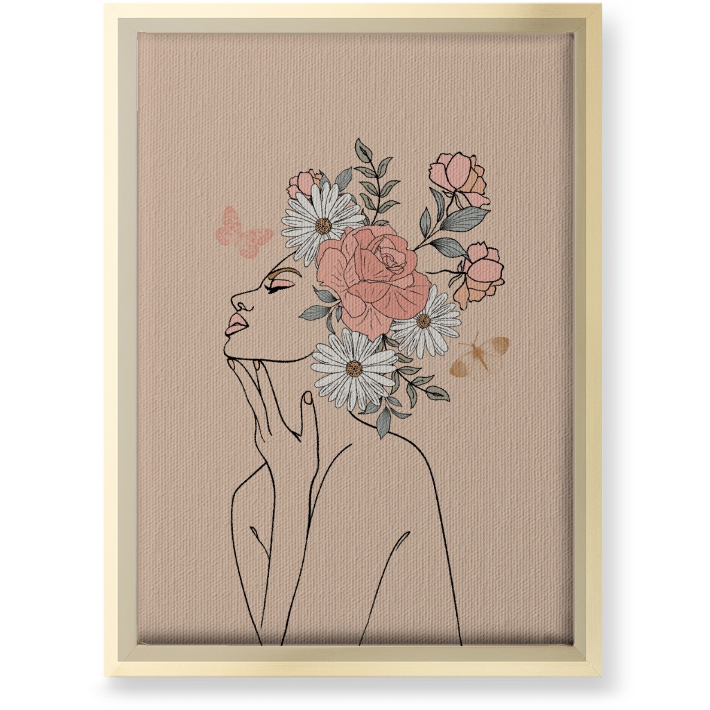 Feminine Line Art Botanical Sketch - Neutral Wall Art, Gold, Single piece, Canvas, 10x14, Beige, Pearl