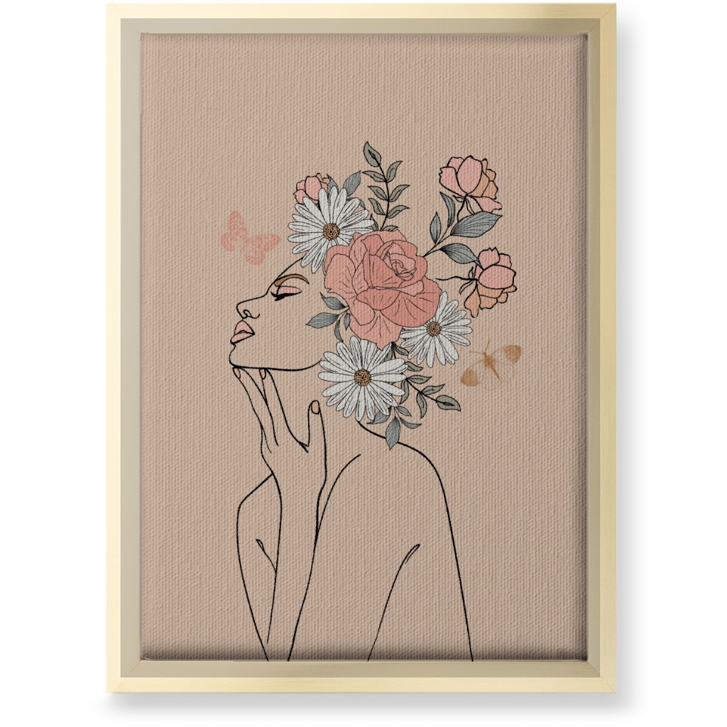 Feminine Line Art Botanical Sketch - Neutral Wall Art, Gold, Single piece, Canvas, 10x14, Beige