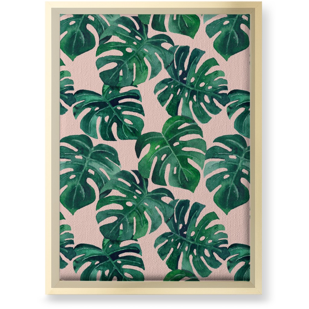 Watercolor Monstera Leaves Wall Art, Gold, Single piece, Canvas, 10x14, Green, Pearl