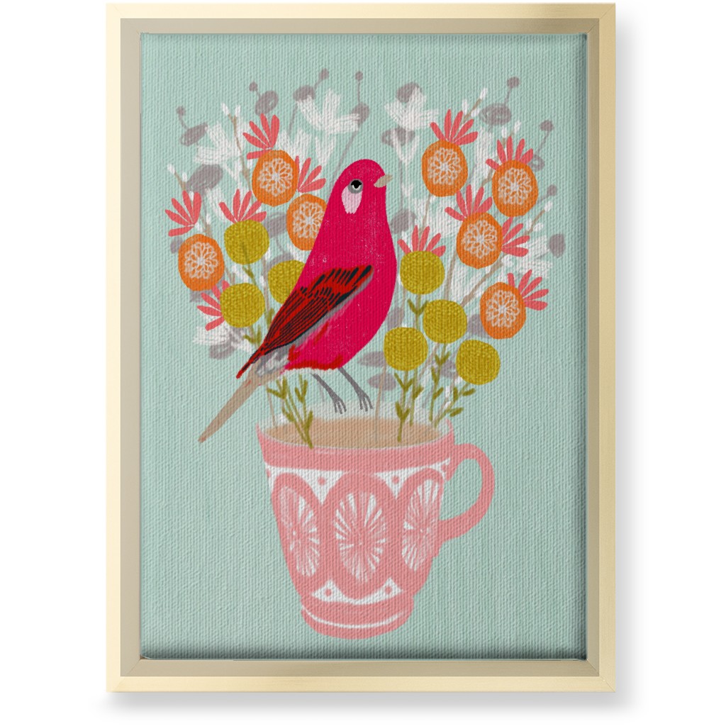 Red Bird on Teacup Bouquet Wall Art, Gold, Single piece, Canvas, 10x14, Multicolor