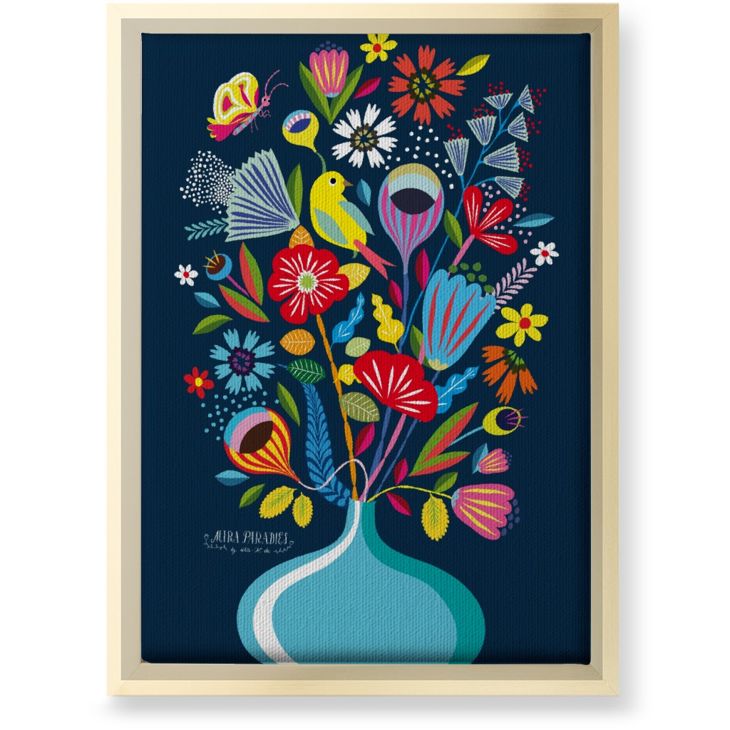 Folk Art Bouquet - Multi on Navy Wall Art, Gold, Single piece, Canvas, 10x14, Multicolor