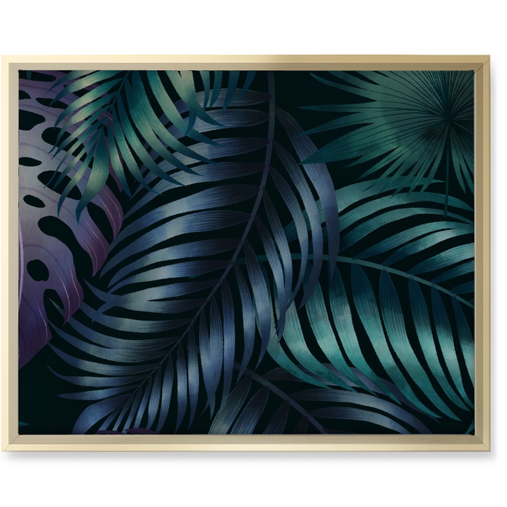 Tropical Leaves in the Moonlight - Dark Wall Art, Gold, Single piece, Canvas, 16x20, Blue