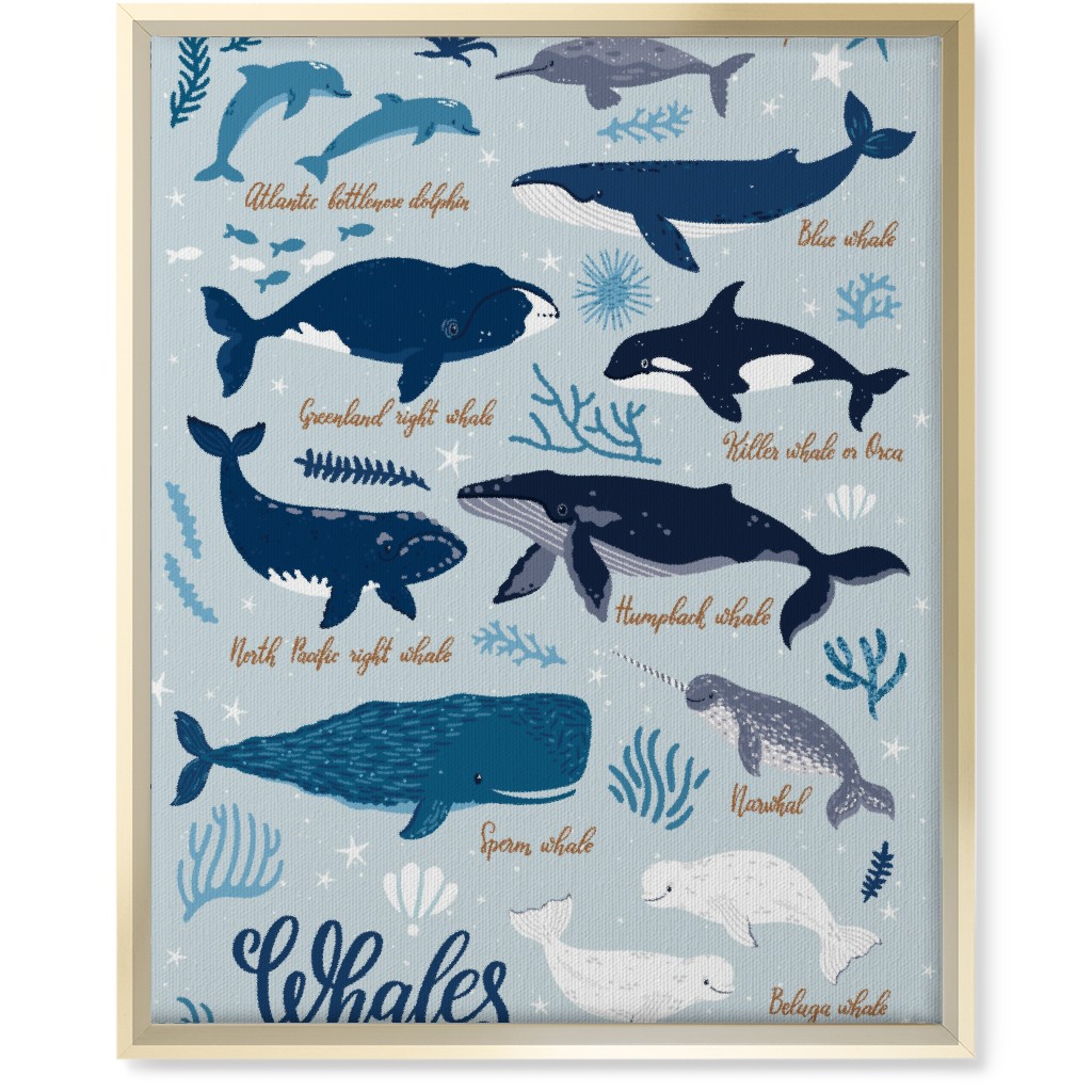 Whales of the Sea - Blue Wall Art, Gold, Single piece, Canvas, 16x20, Blue, True Blue