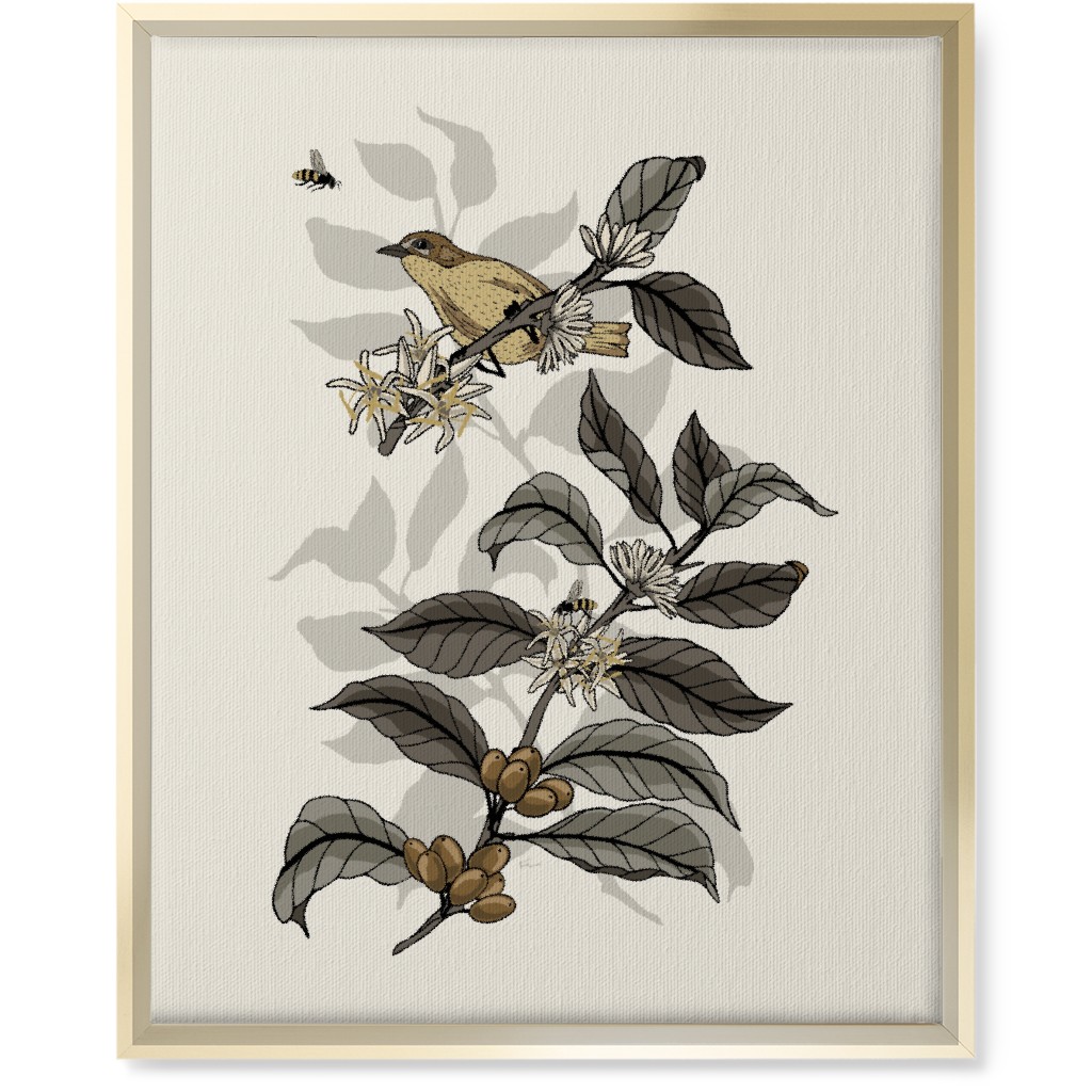 Coffee Plant, Bird, and Bee - Neutral Wall Art, Gold, Single piece, Canvas, 16x20, Beige, Pearl