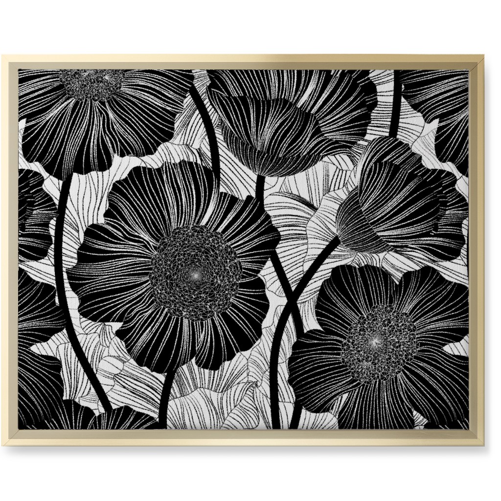 Mid Century Modern Floral - Black and White Wall Art, Gold, Single piece, Canvas, 16x20, Black, Black