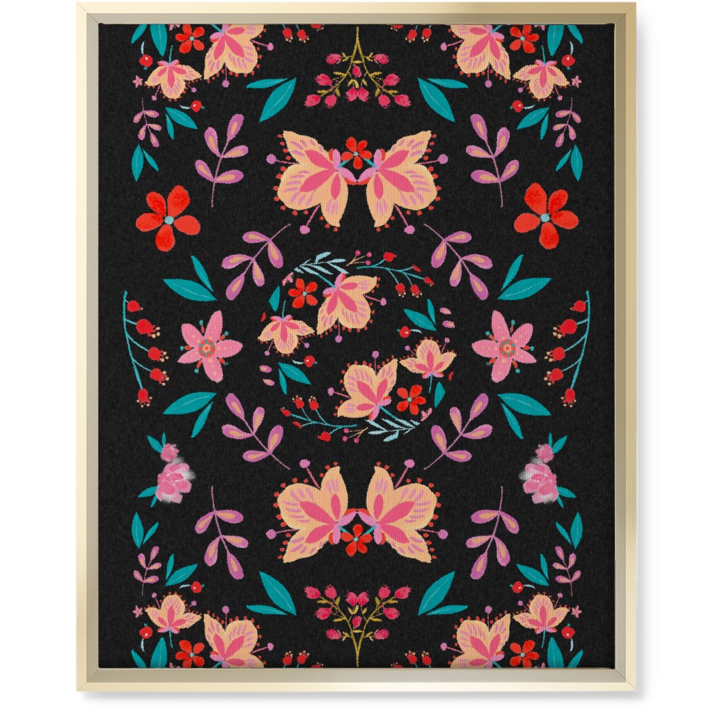 Pink Flora Folk Art on Black Wall Art, Gold, Single piece, Canvas, 16x20, Multicolor