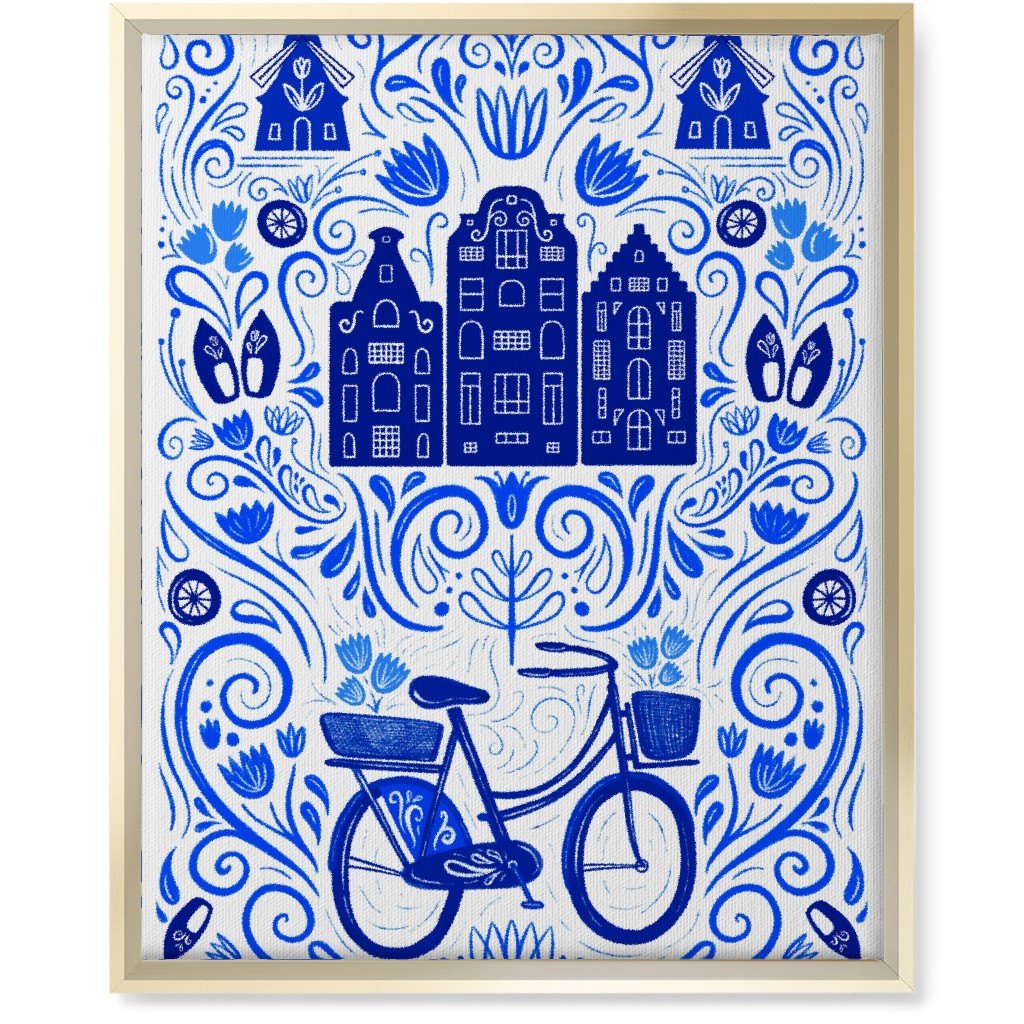 Dutch Bike Folk Art - Blue Wall Art, Gold, Single piece, Canvas, 16x20, Blue