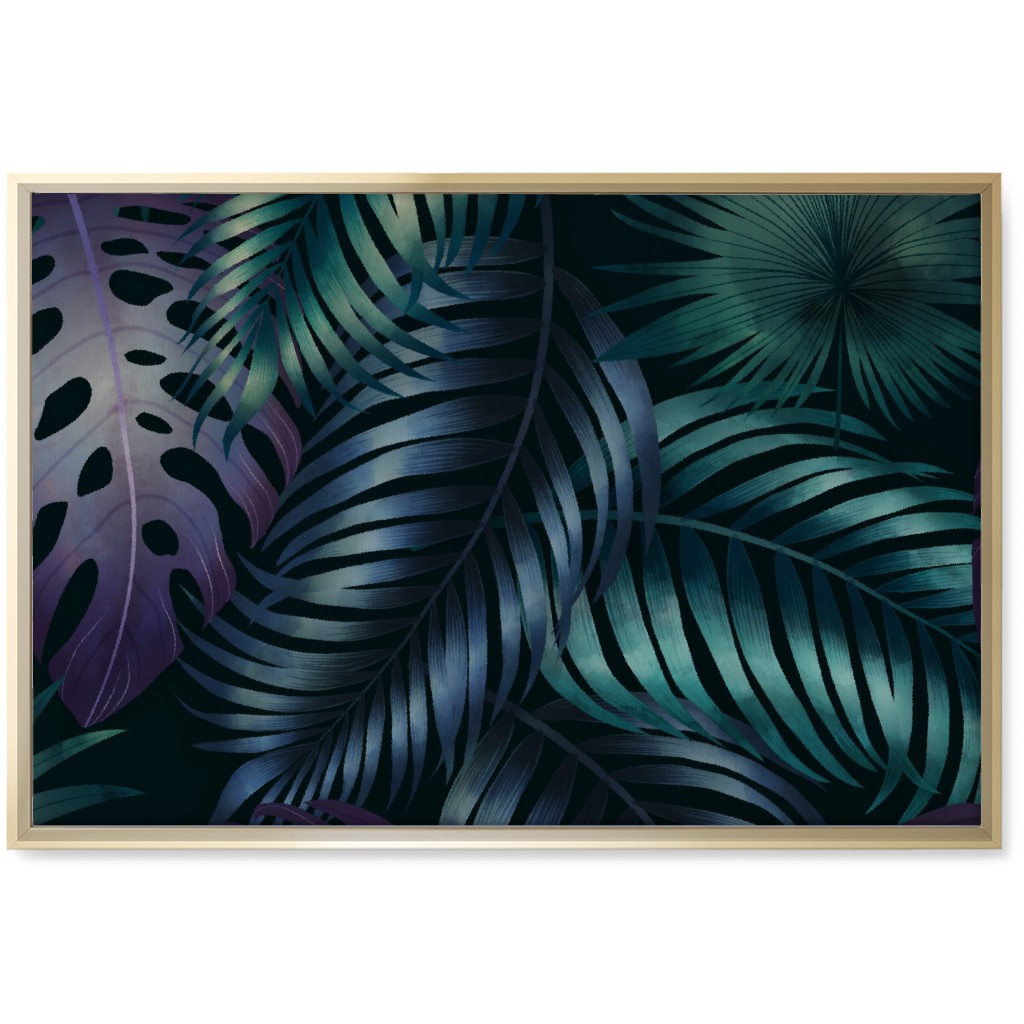 Tropical Leaves in the Moonlight - Dark Wall Art, Gold, Single piece, Canvas, 20x30, Blue