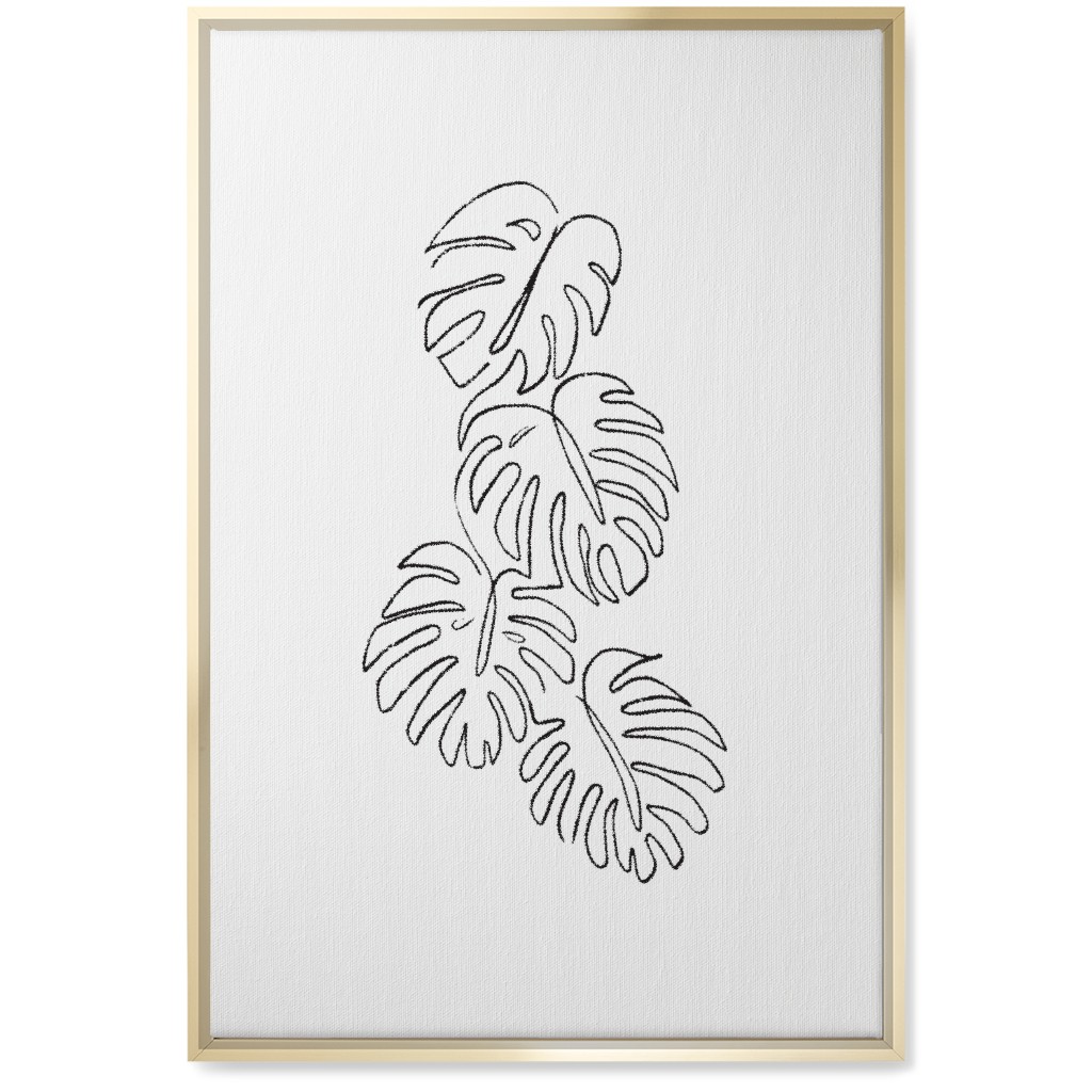 Monstera Leaf Line Art - Black and White Wall Art, Gold, Single piece, Canvas, 20x30, White