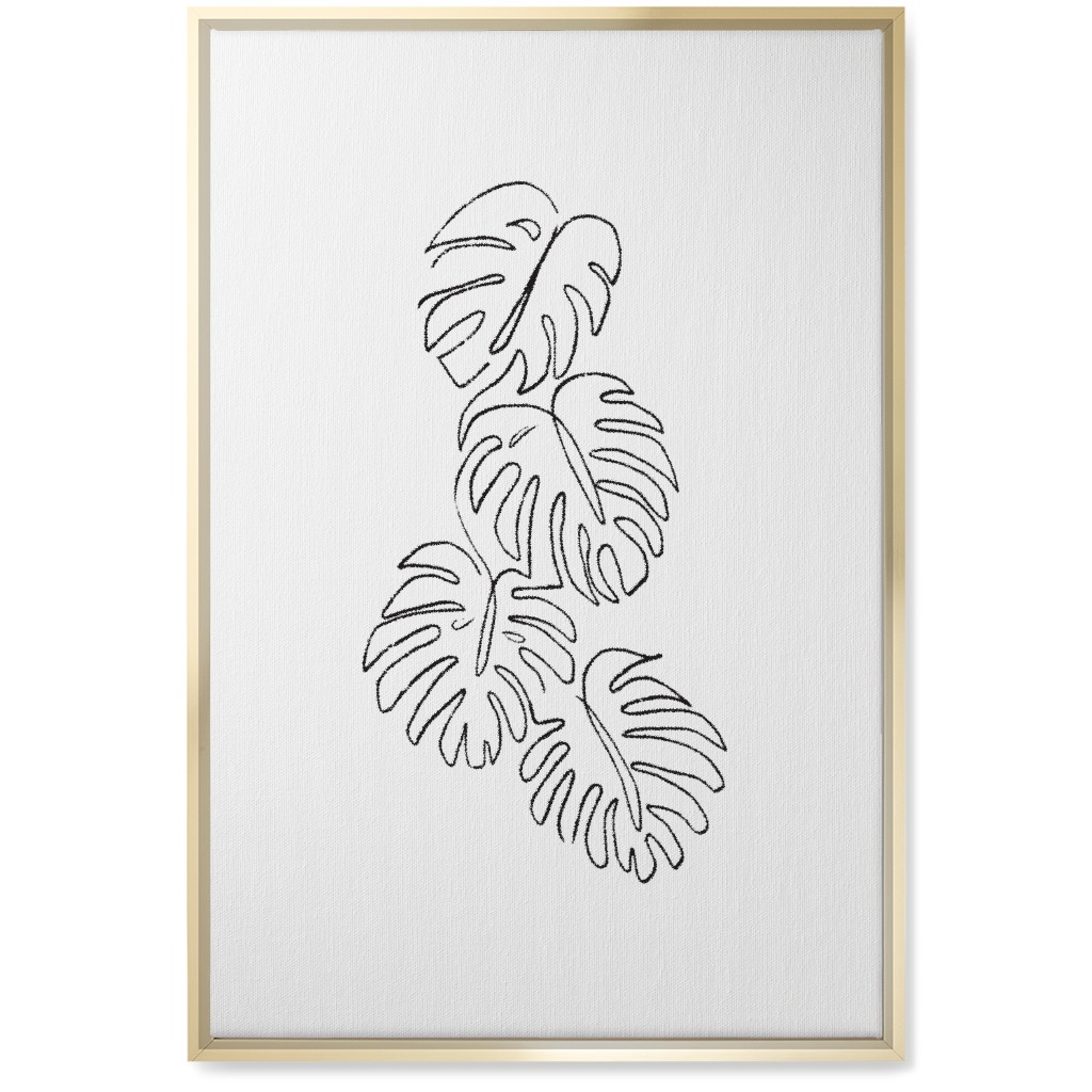 Monstera Leaf Line Art - Black and White Wall Art, Gold, Single piece, Canvas, 20x30, White, White