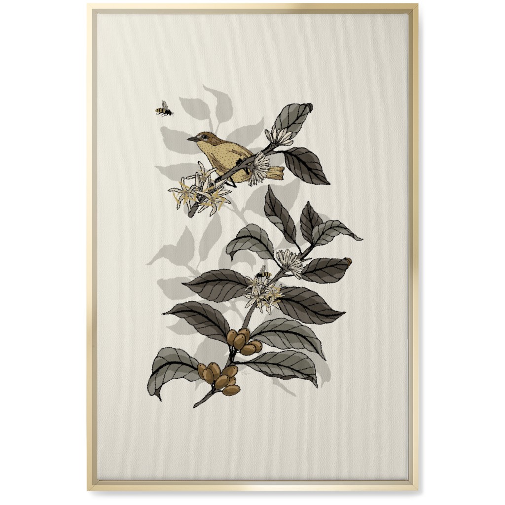 Coffee Plant, Bird, and Bee - Neutral Wall Art, Gold, Single piece, Canvas, 20x30, Beige, Pearl
